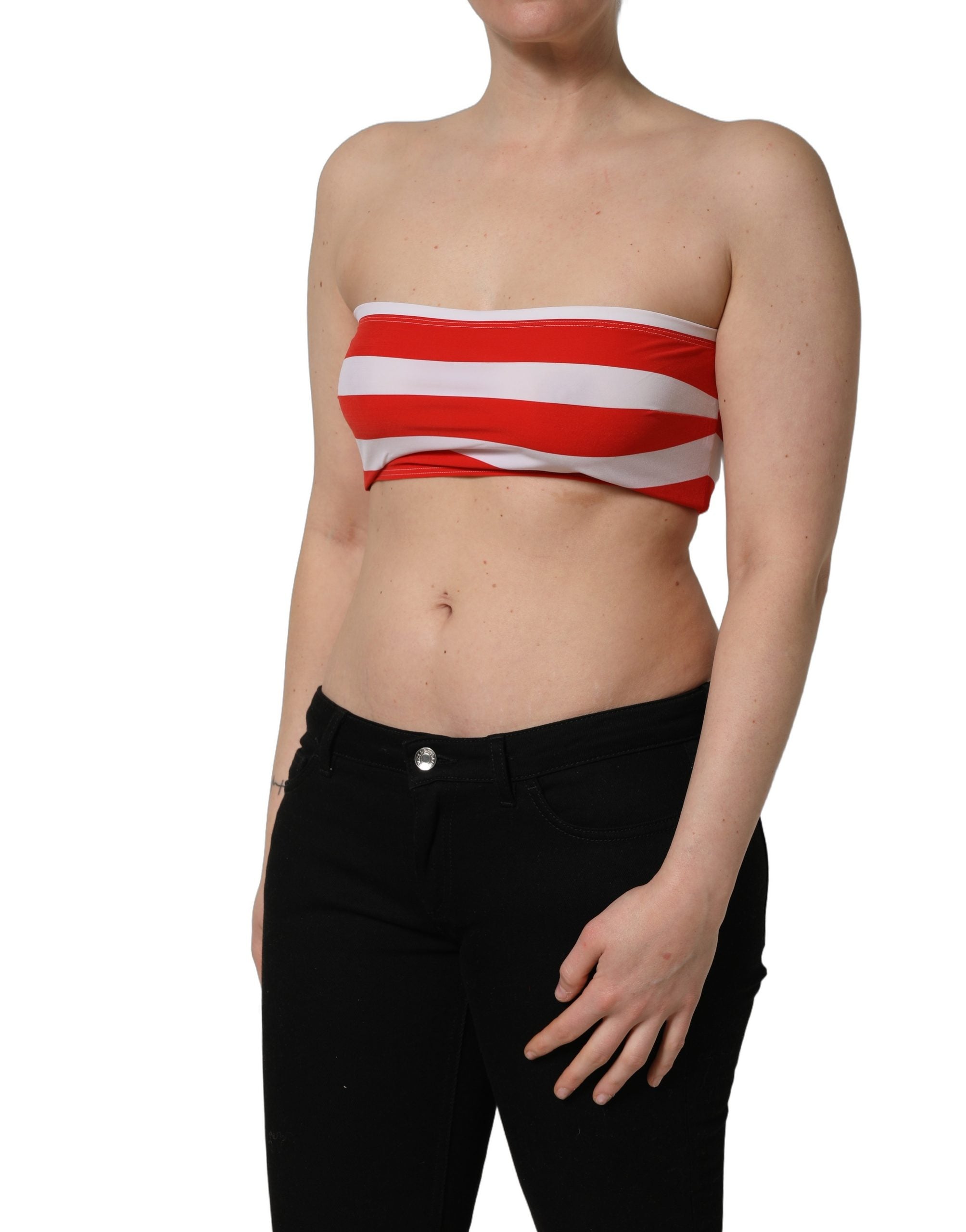 Dolce & Gabbana White Red Nylon Striped Ribbed Tube Crop Women's Top