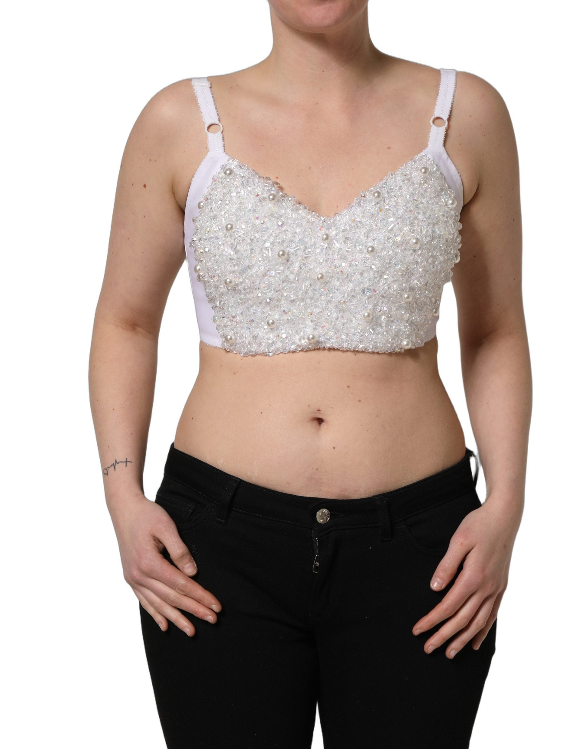 Dolce & Gabbana White Pearls Beaded Corset Bustier Crop Women's Top