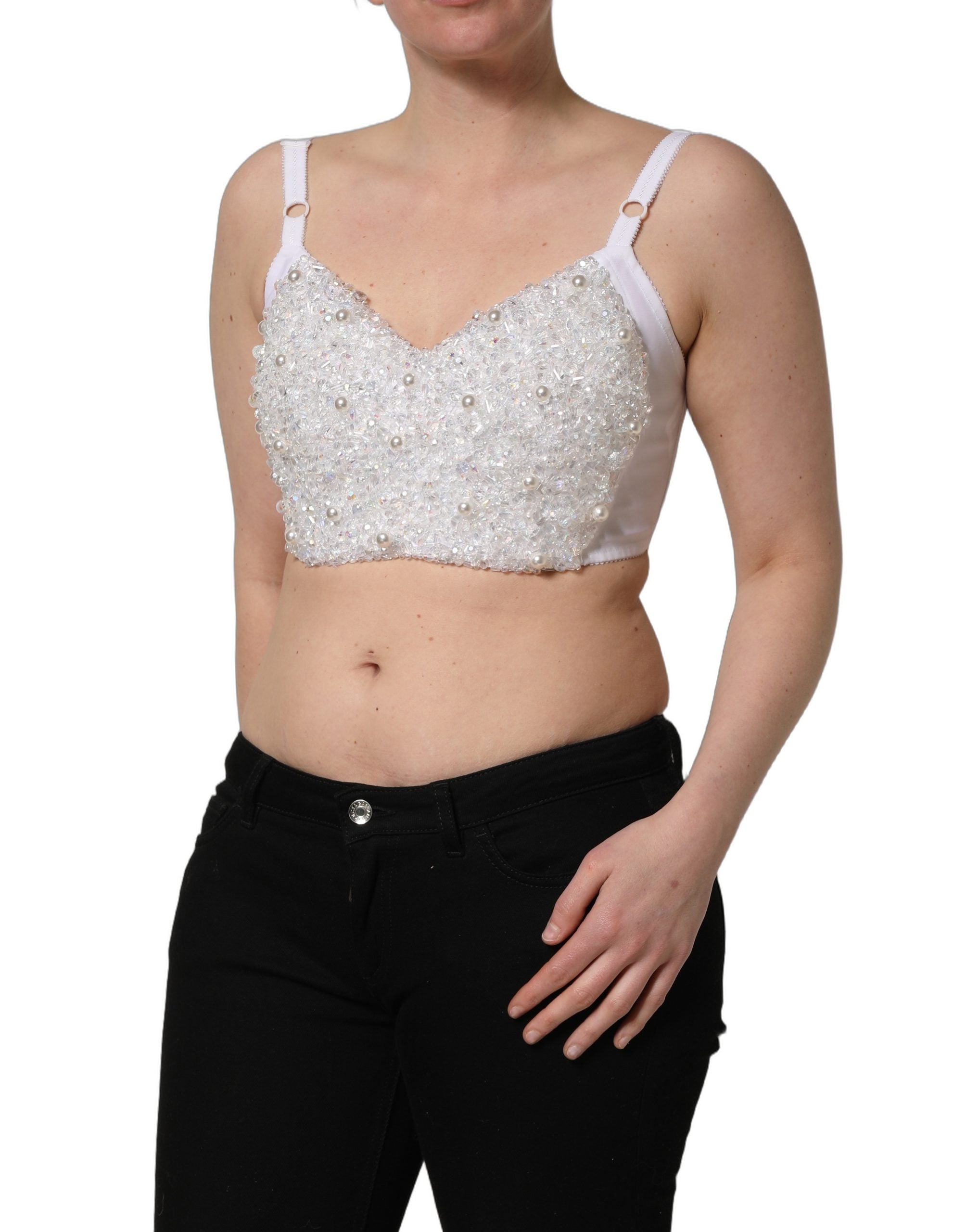 Dolce & Gabbana White Pearls Beaded Corset Bustier Crop Women's Top