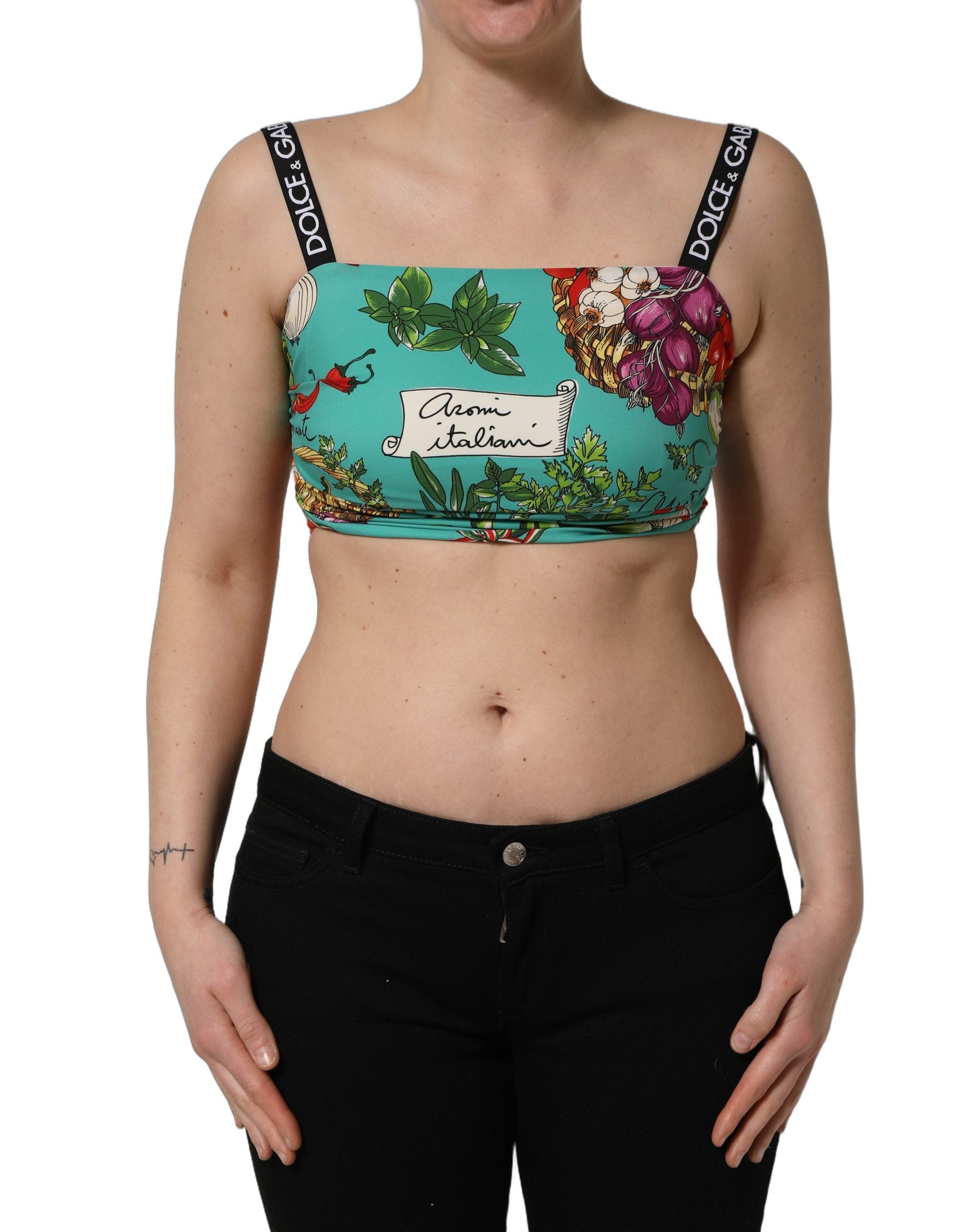 Dolce & Gabbana Turquoise Vegetable Print Silk Crop Tank Women's Top