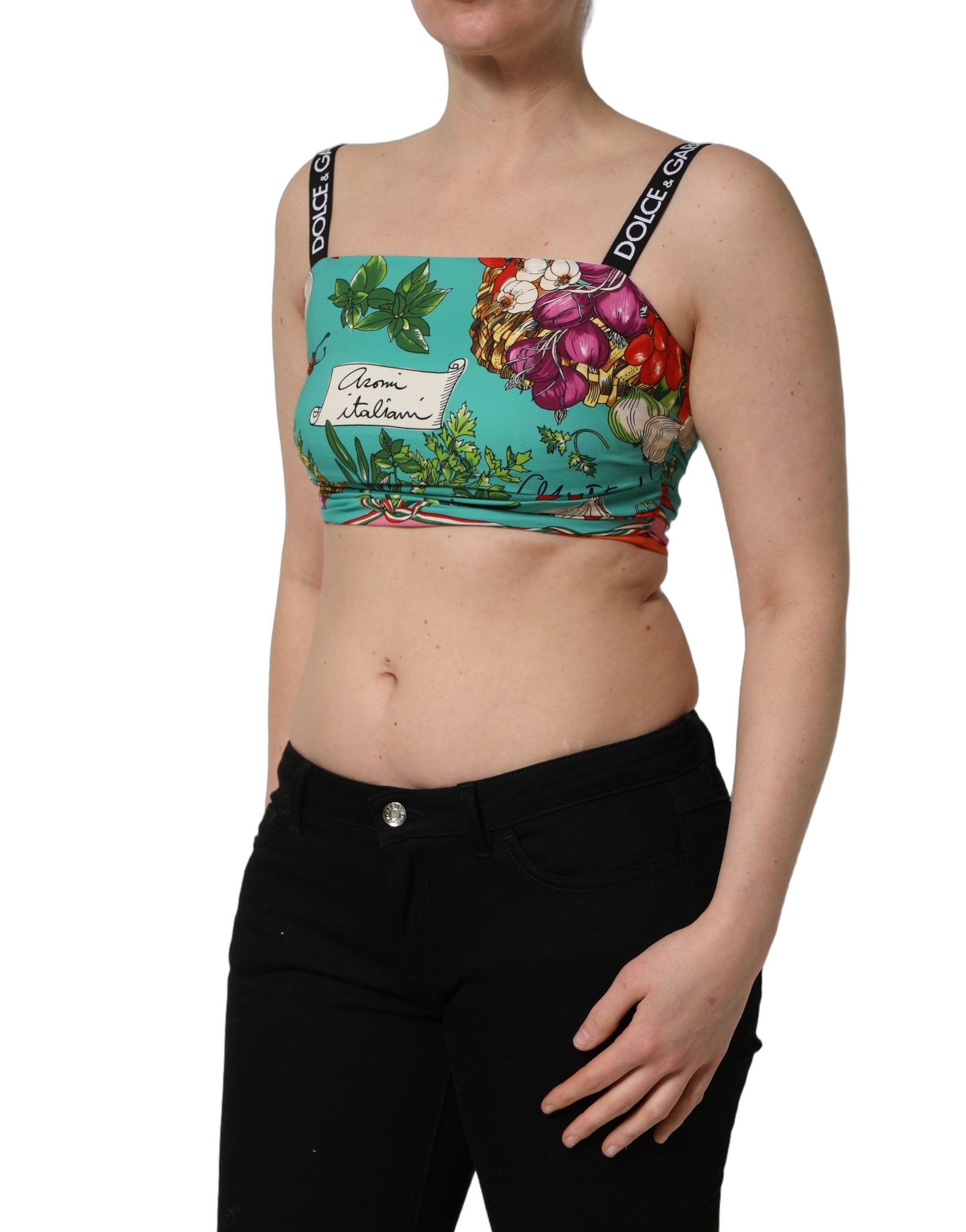 Dolce & Gabbana Turquoise Vegetable Print Silk Crop Tank Women's Top
