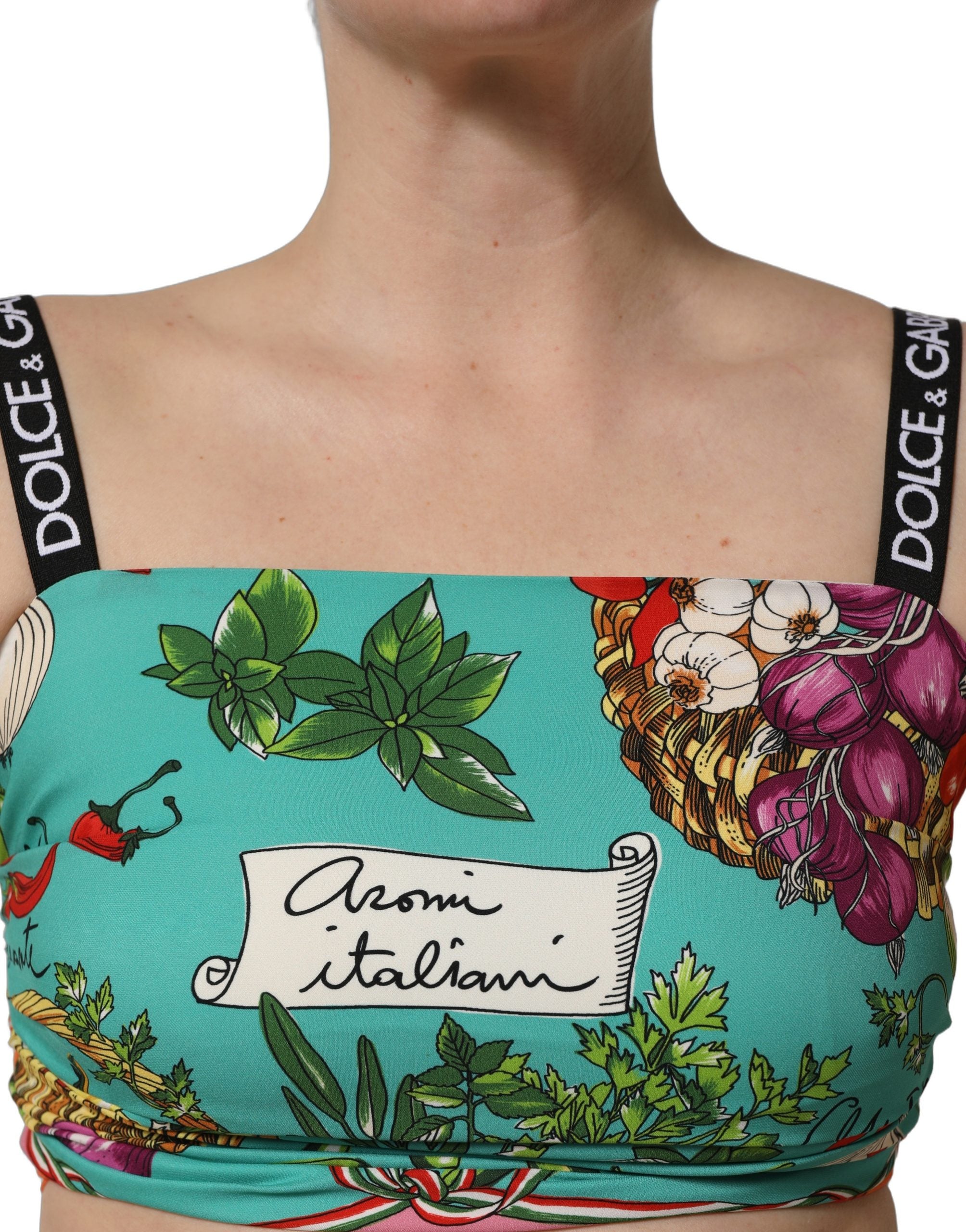 Dolce & Gabbana Turquoise Vegetable Print Silk Crop Tank Women's Top