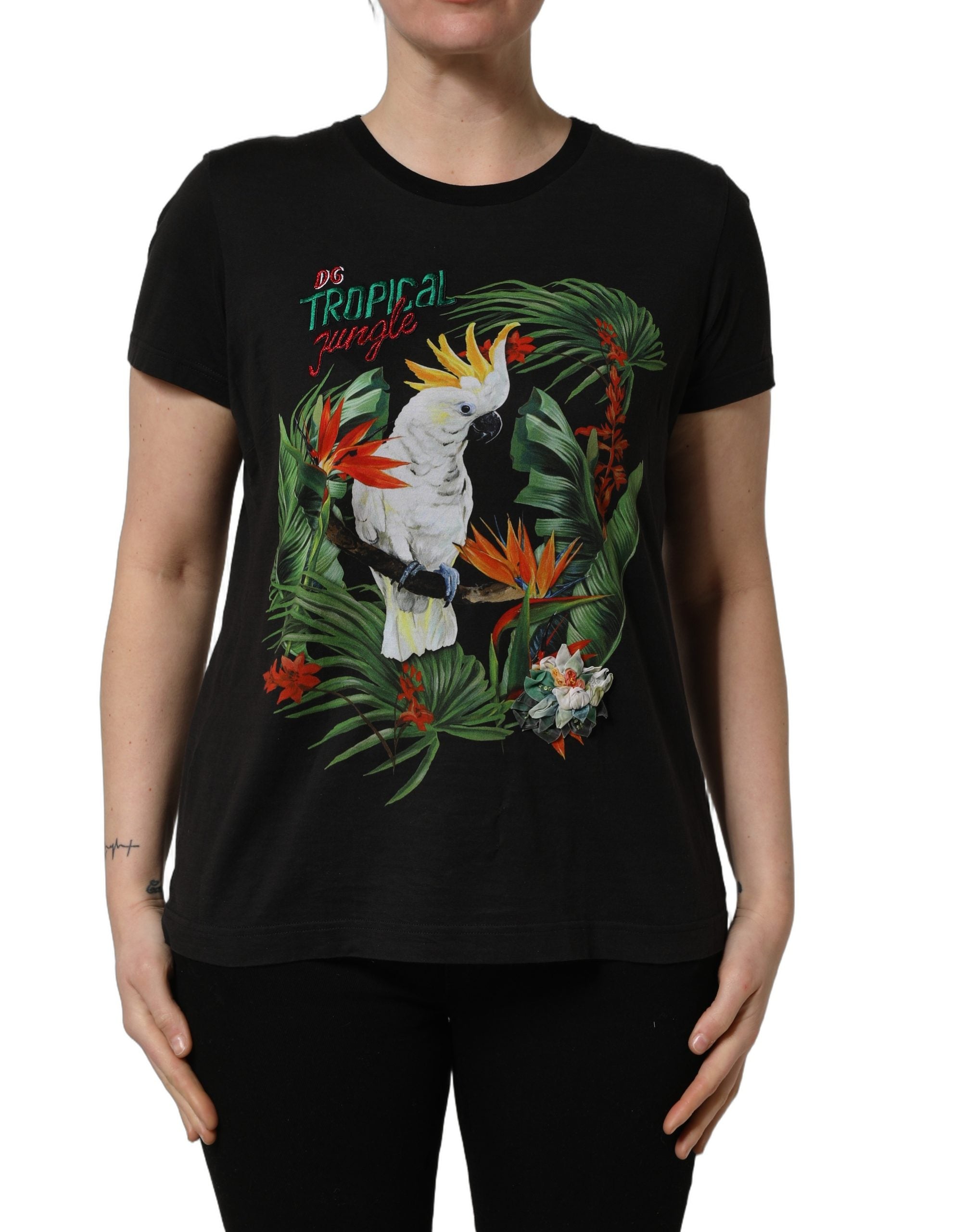 Dolce & Gabbana Black Tropical Jungle Round Neck Women's T-shirt (Pre-Owned)