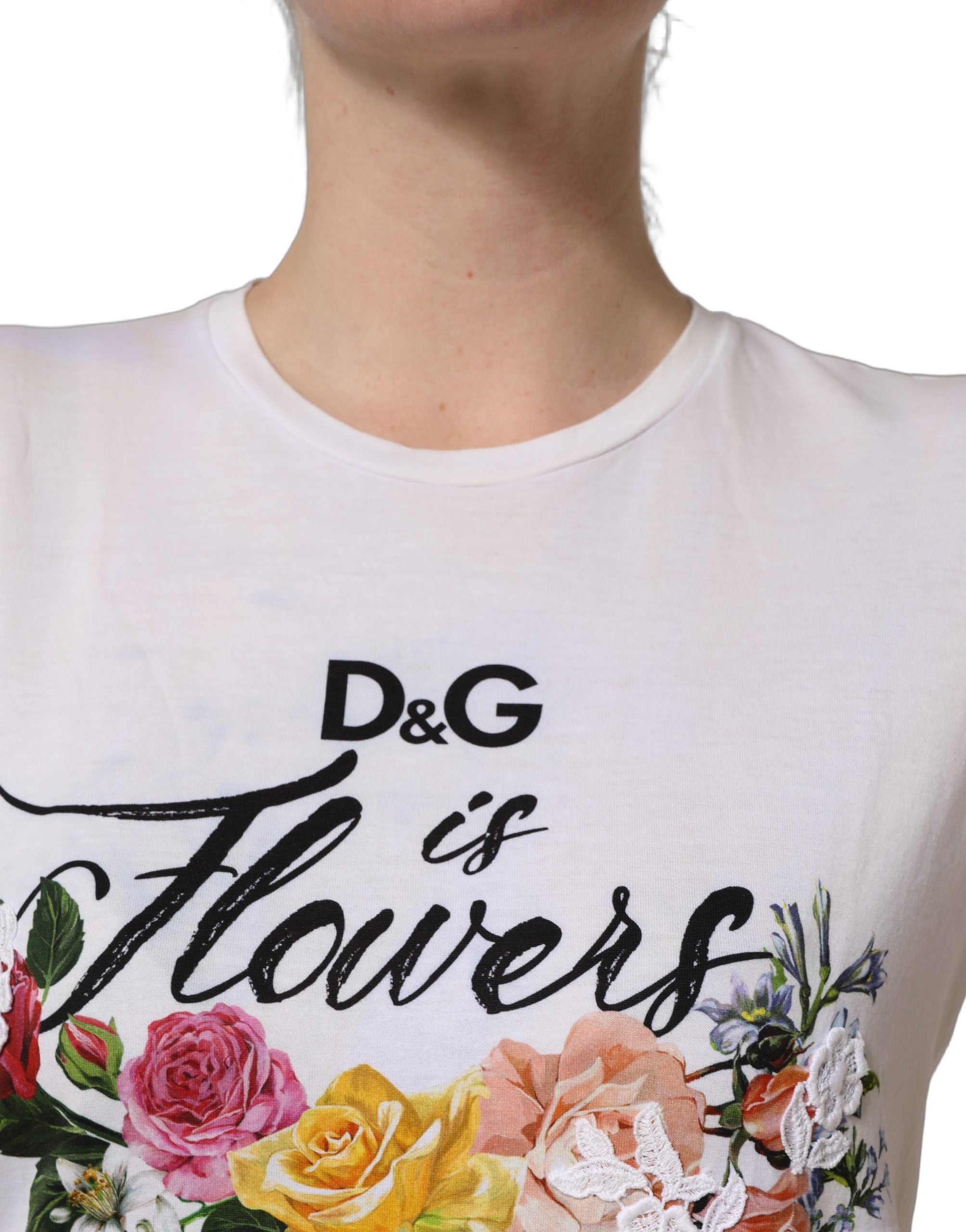 Dolce & Gabbana White D&G is Flowers Print Round Neck Women's T-shirt (Pre-Owned)