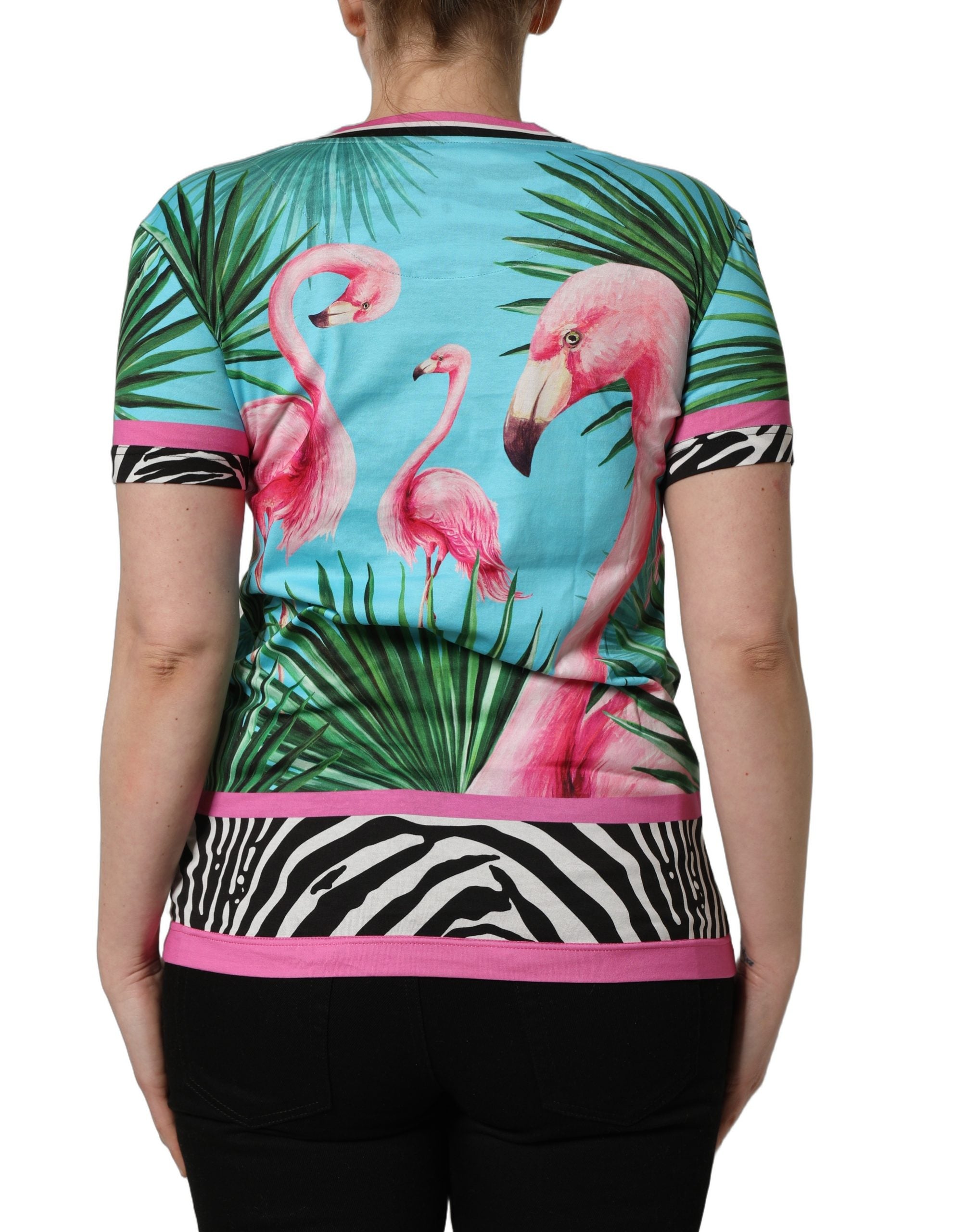 Dolce & Gabbana Multicolor Flamingo ZebraStriped Trim Women's T-shirt (Pre-Owned)