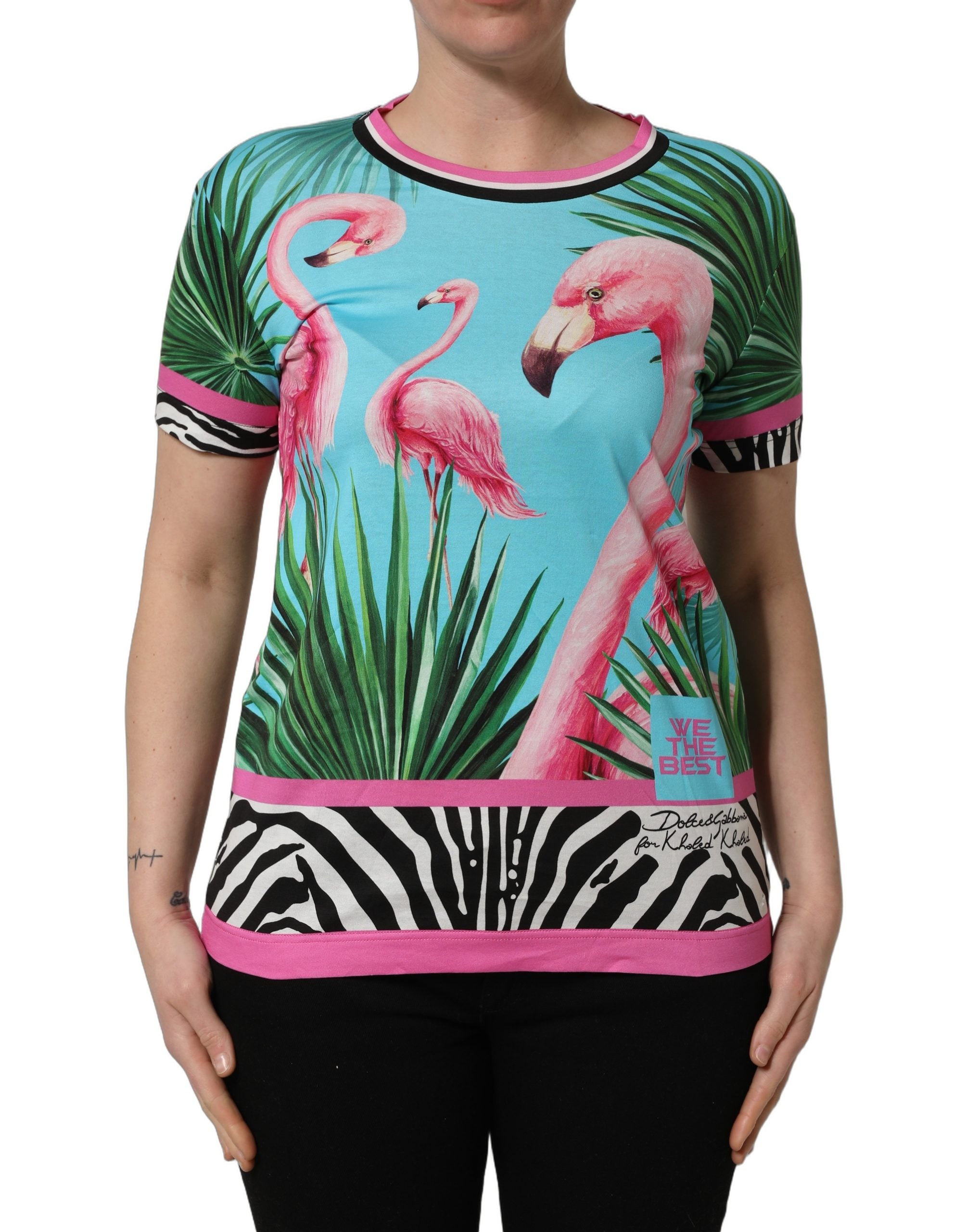 Dolce & Gabbana Multicolor Flamingo ZebraStriped Trim Women's T-shirt (Pre-Owned)