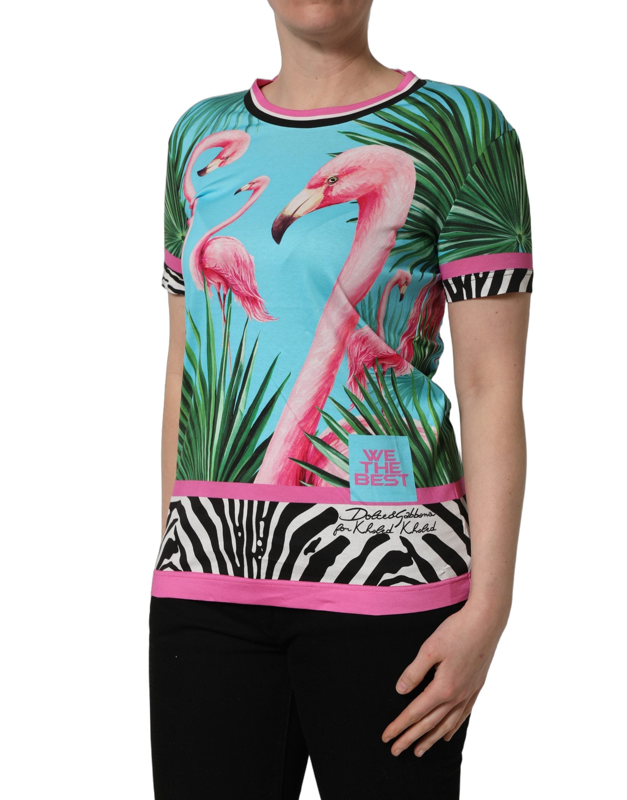 Dolce & Gabbana Multicolor Flamingo ZebraStriped Trim Women's T-shirt (Pre-Owned)