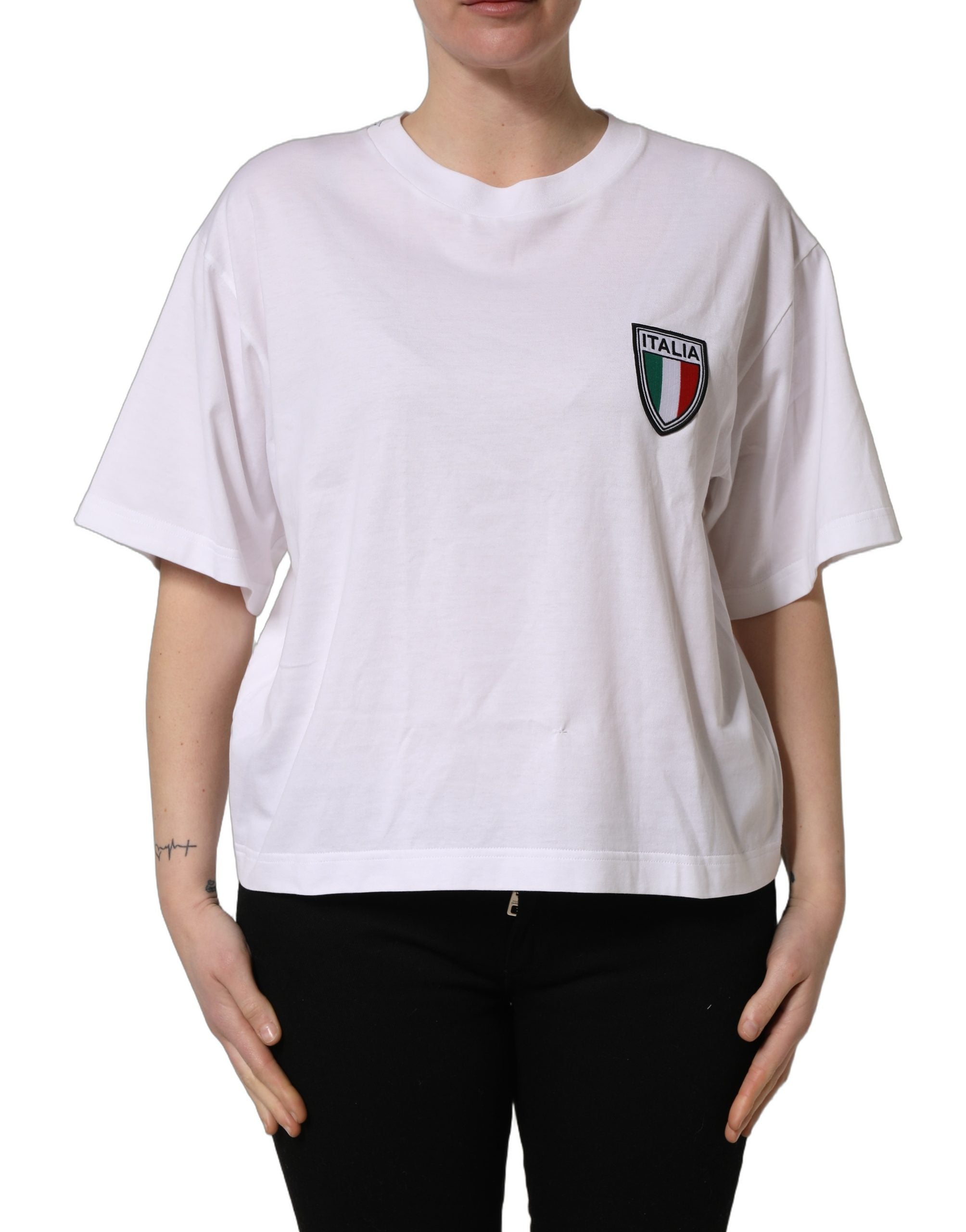 Dolce & Gabbana White Italia Flag Patch Round Neck Women's T-shirt (Pre-Owned)