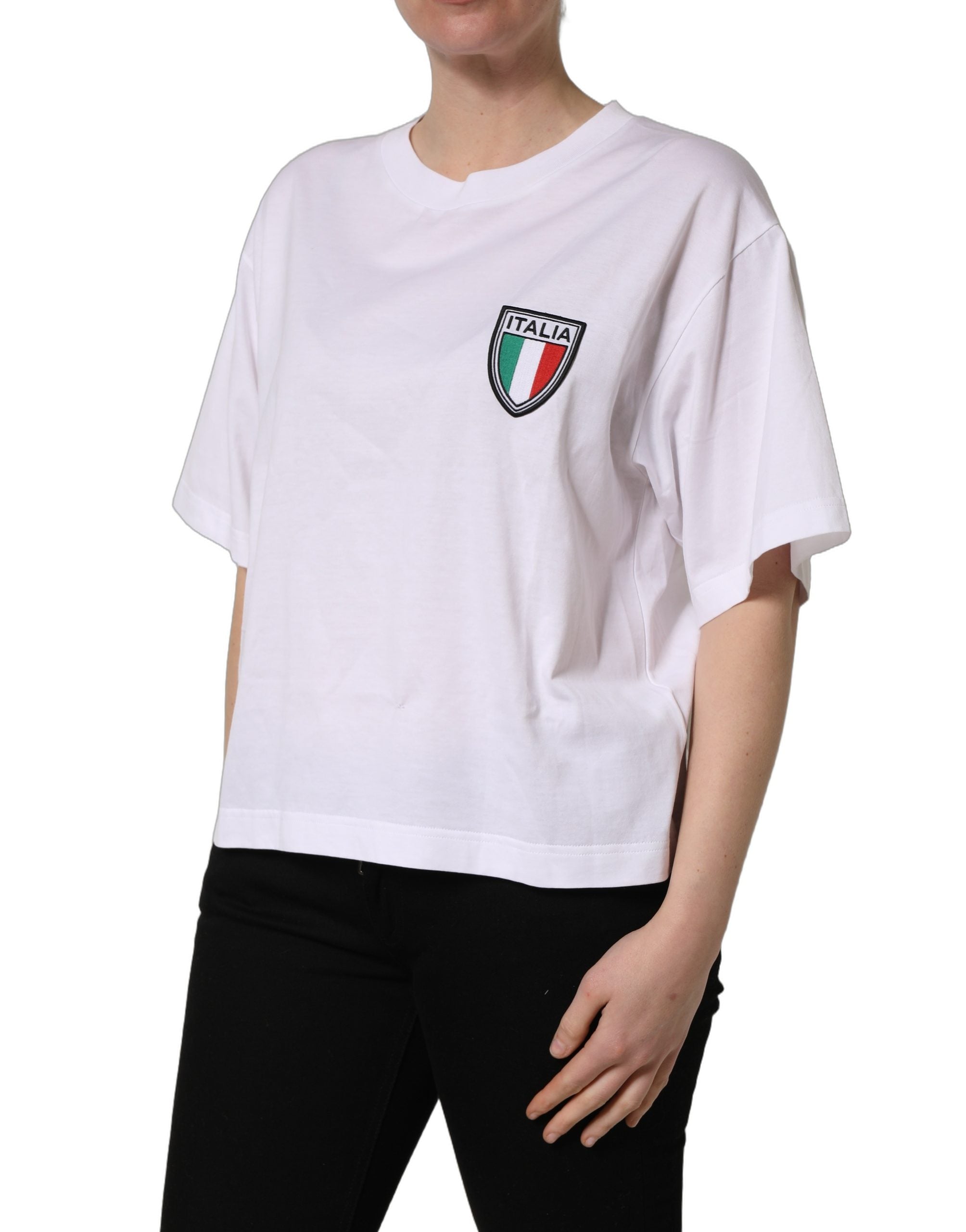 Dolce & Gabbana White Italia Flag Patch Round Neck Women's T-shirt (Pre-Owned)