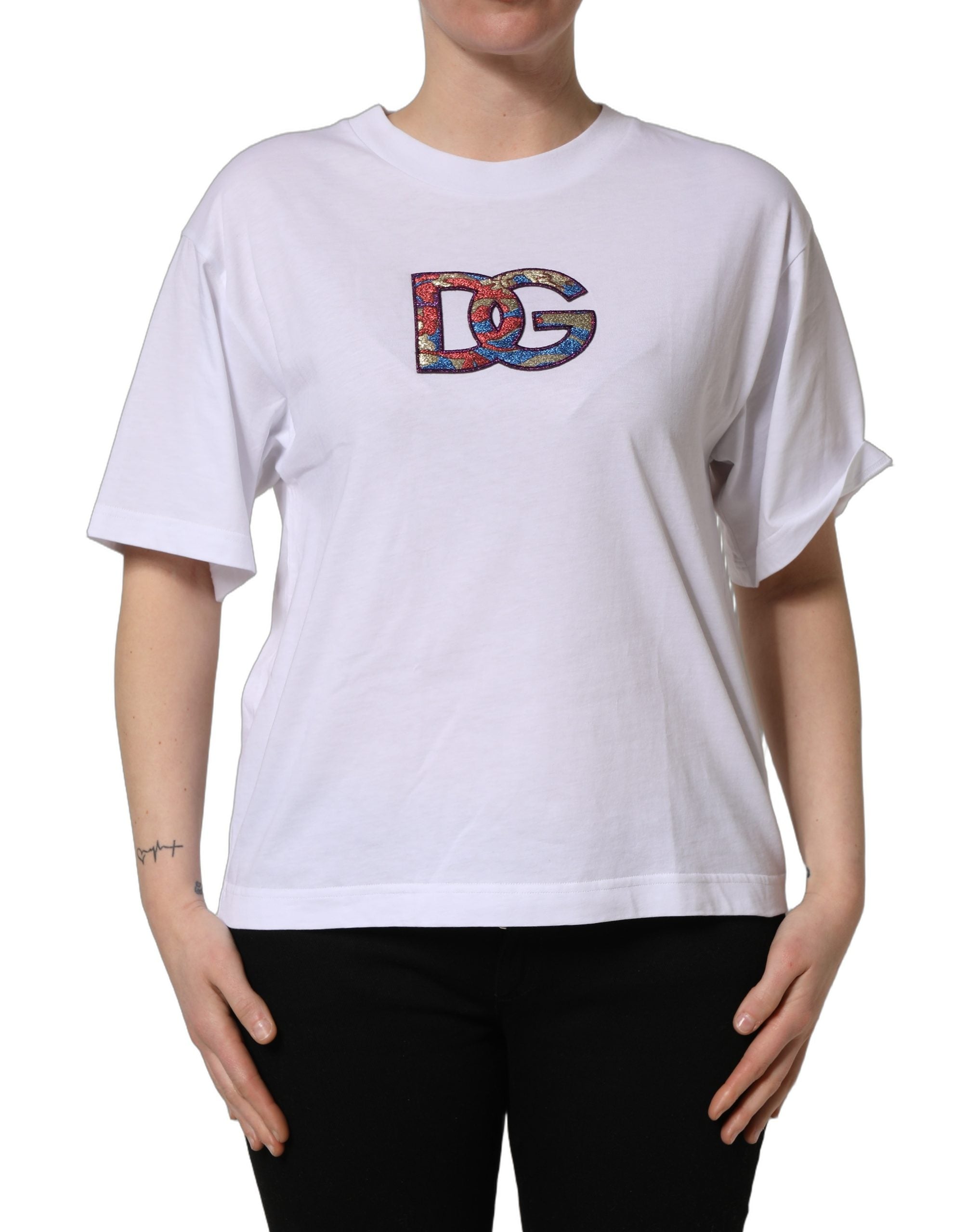 Dolce & Gabbana White Cotton DG Logo Patch Crew Neck Women's T-shirt (Pre-Owned)