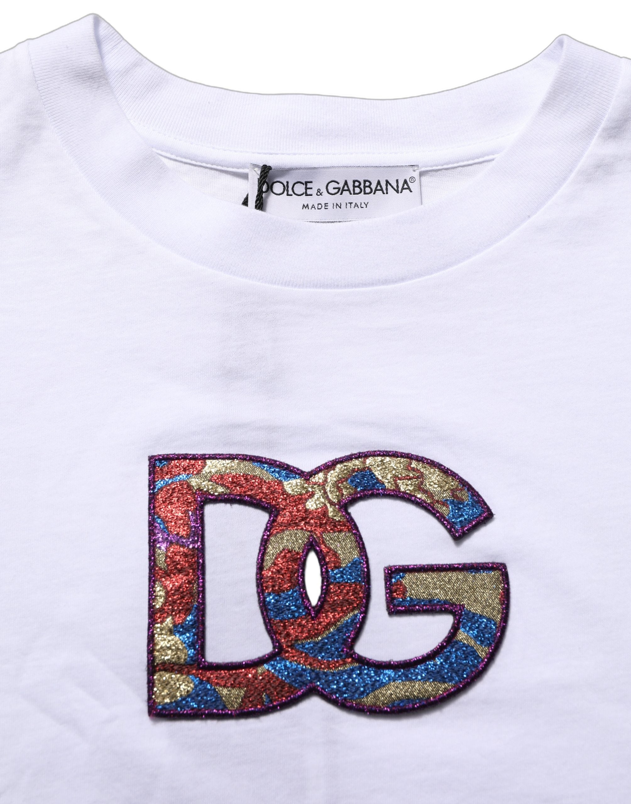 Dolce & Gabbana White Cotton DG Logo Patch Crew Neck Women's T-shirt (Pre-Owned)