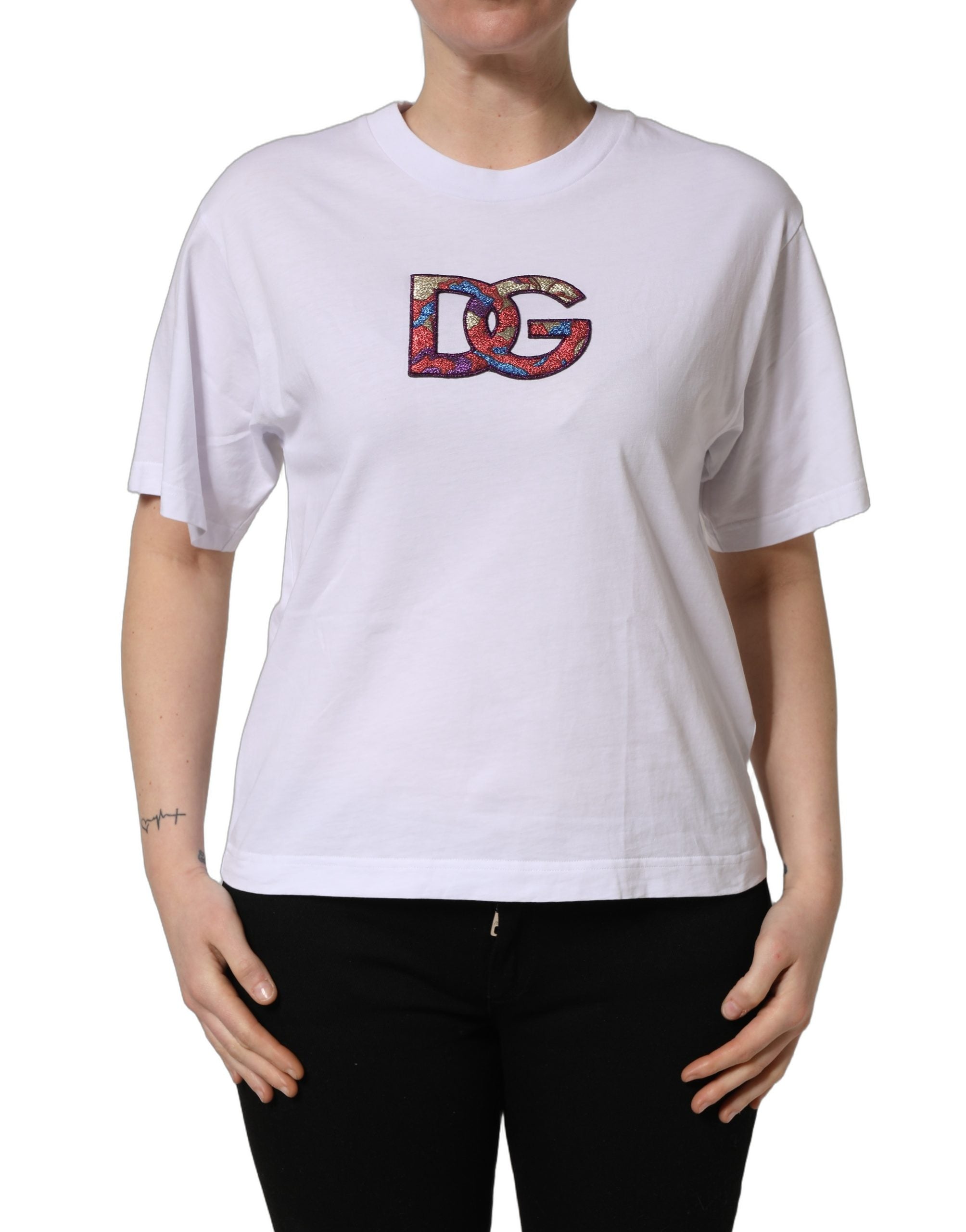 Dolce & Gabbana White Cotton DG Logo Patch Crew Neck Women's T-shirt