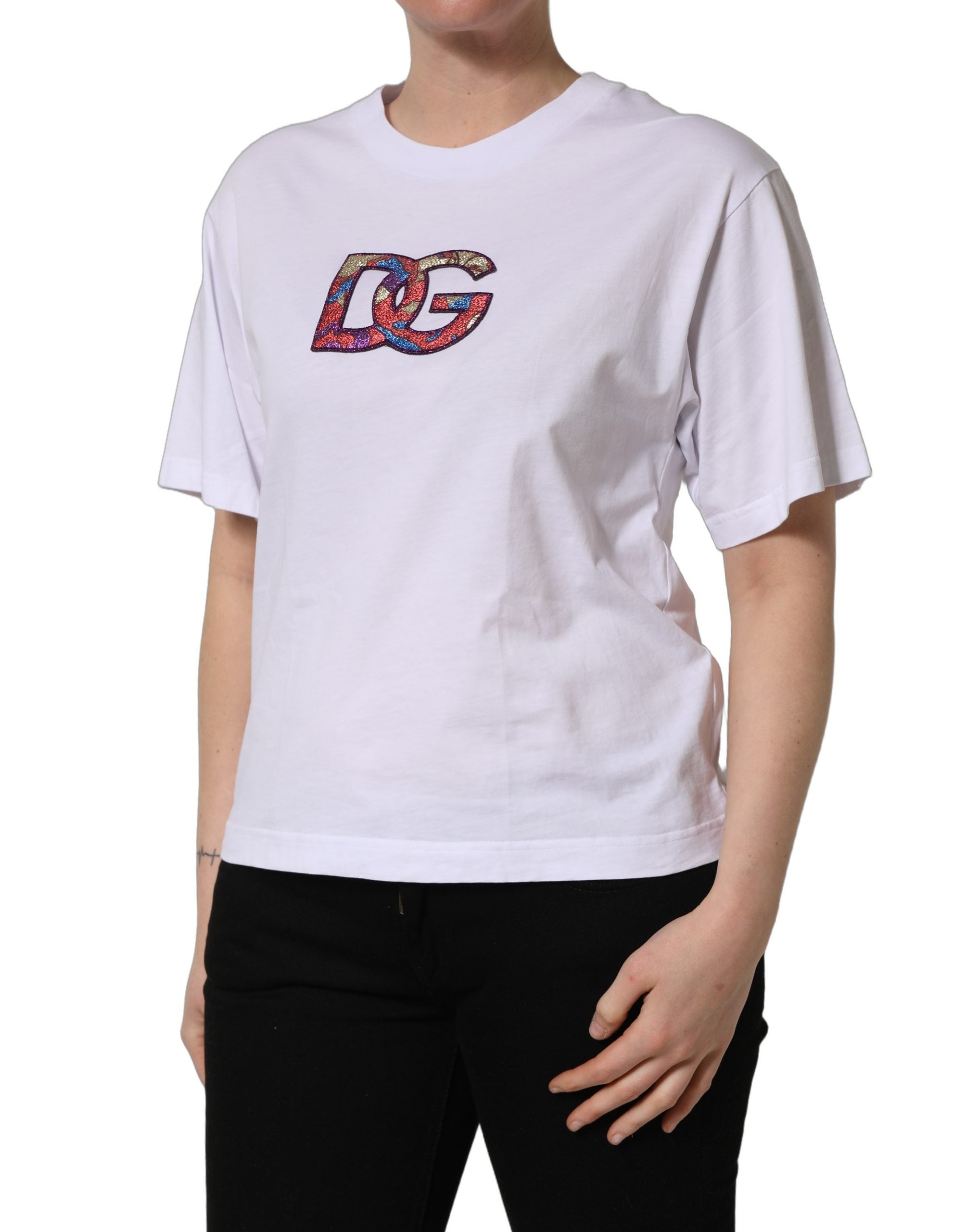 Dolce & Gabbana White Cotton DG Logo Patch Crew Neck Women's T-shirt