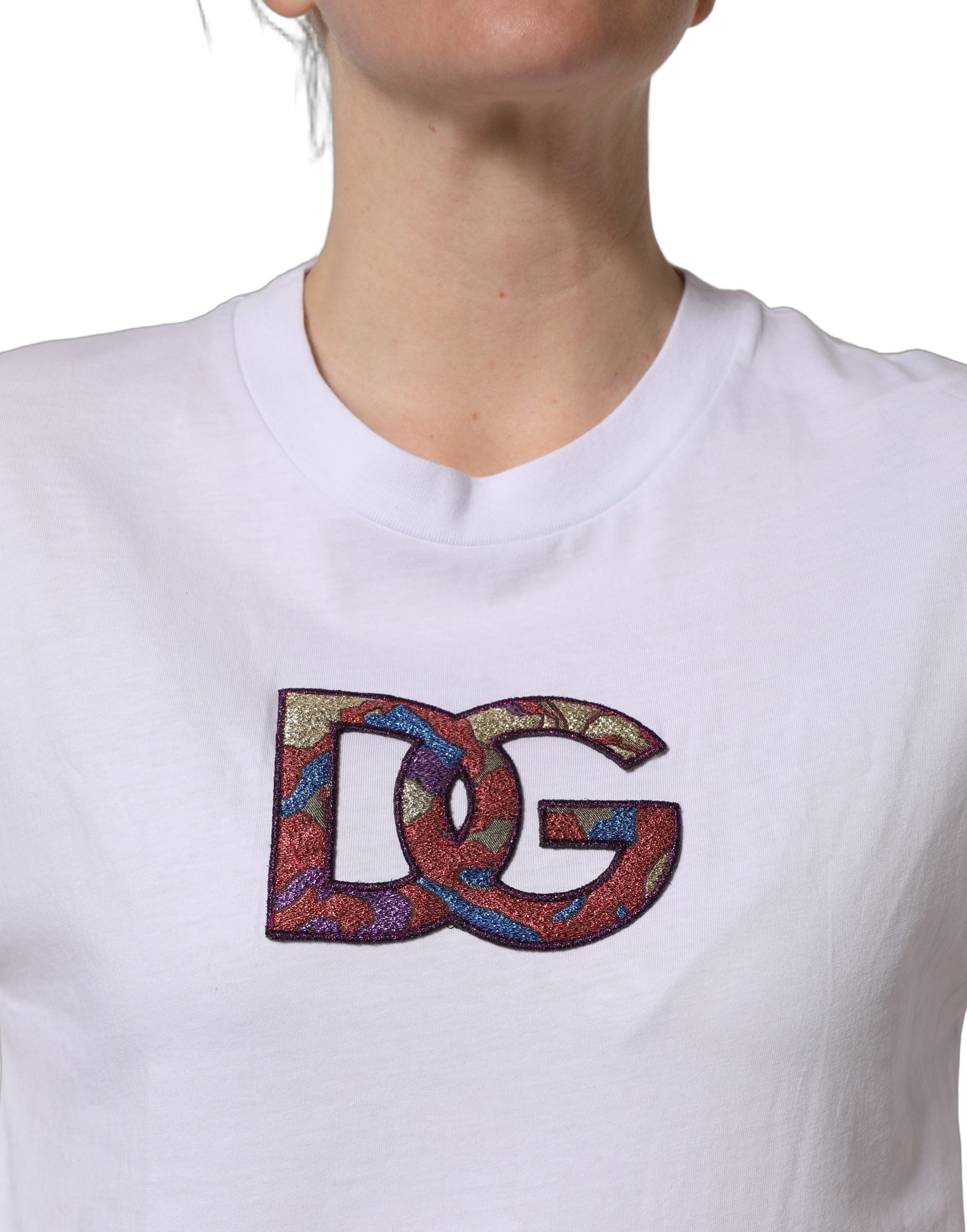 Dolce & Gabbana White Cotton DG Logo Patch Crew Neck Women's T-shirt