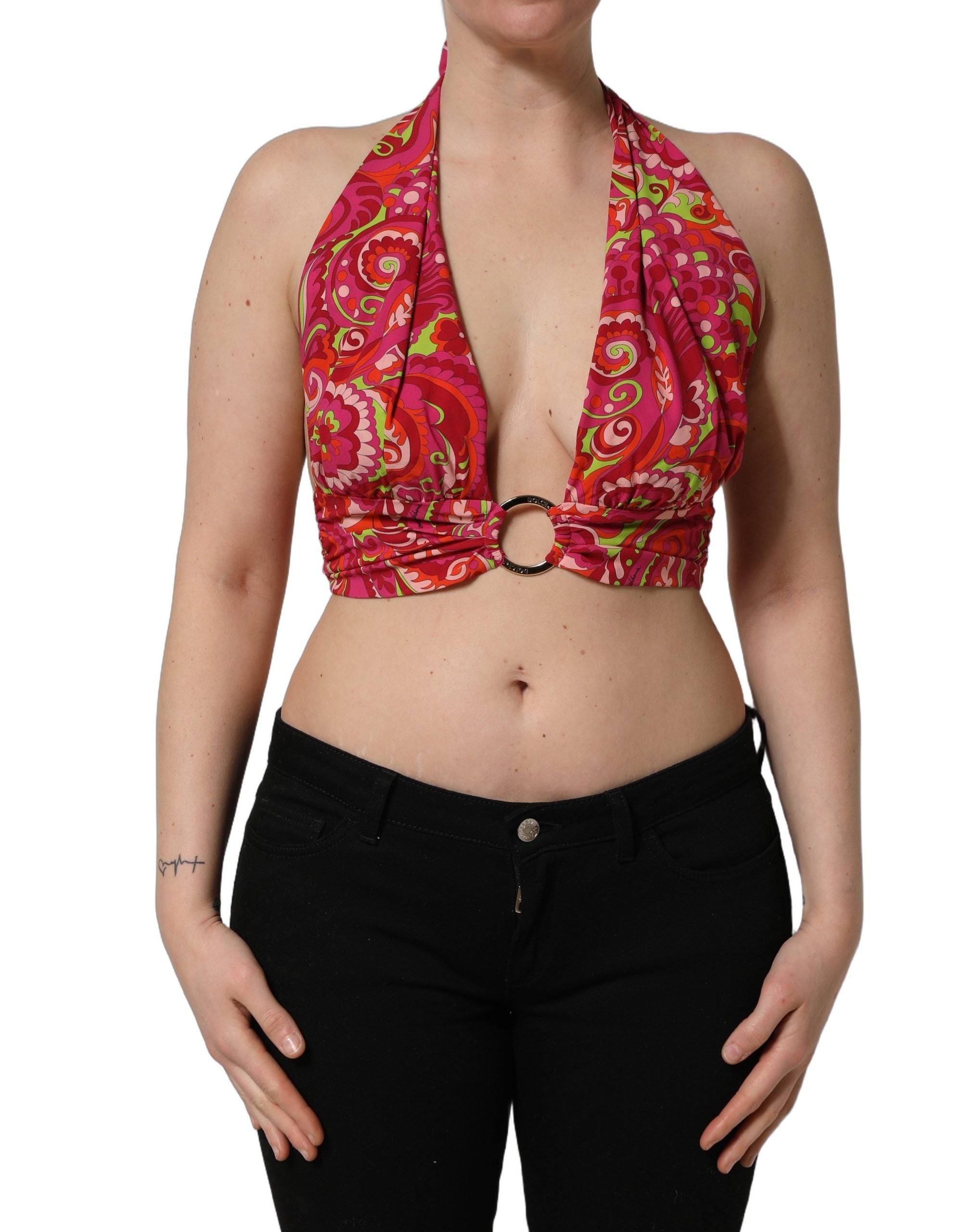Dolce & Gabbana Red Paisley Silk Halter Neck Crop Tank Women's Top