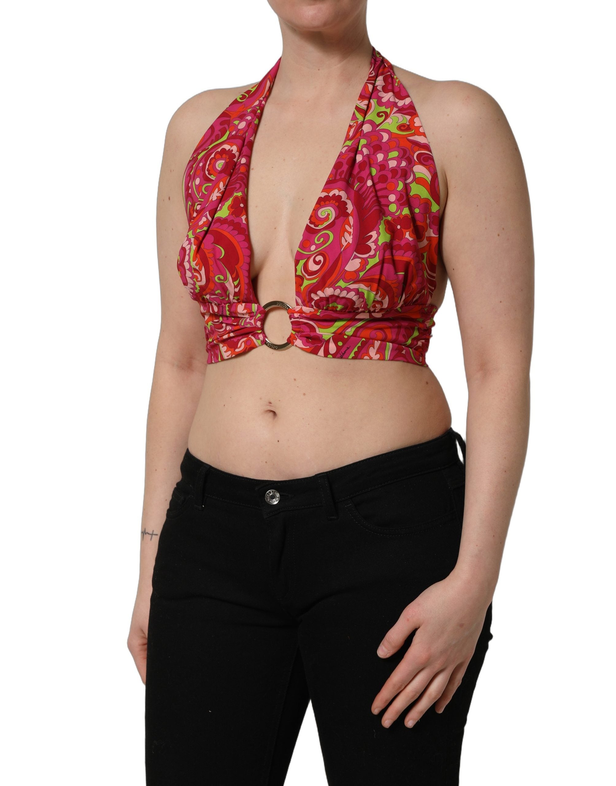 Dolce & Gabbana Red Paisley Silk Halter Neck Crop Tank Women's Top