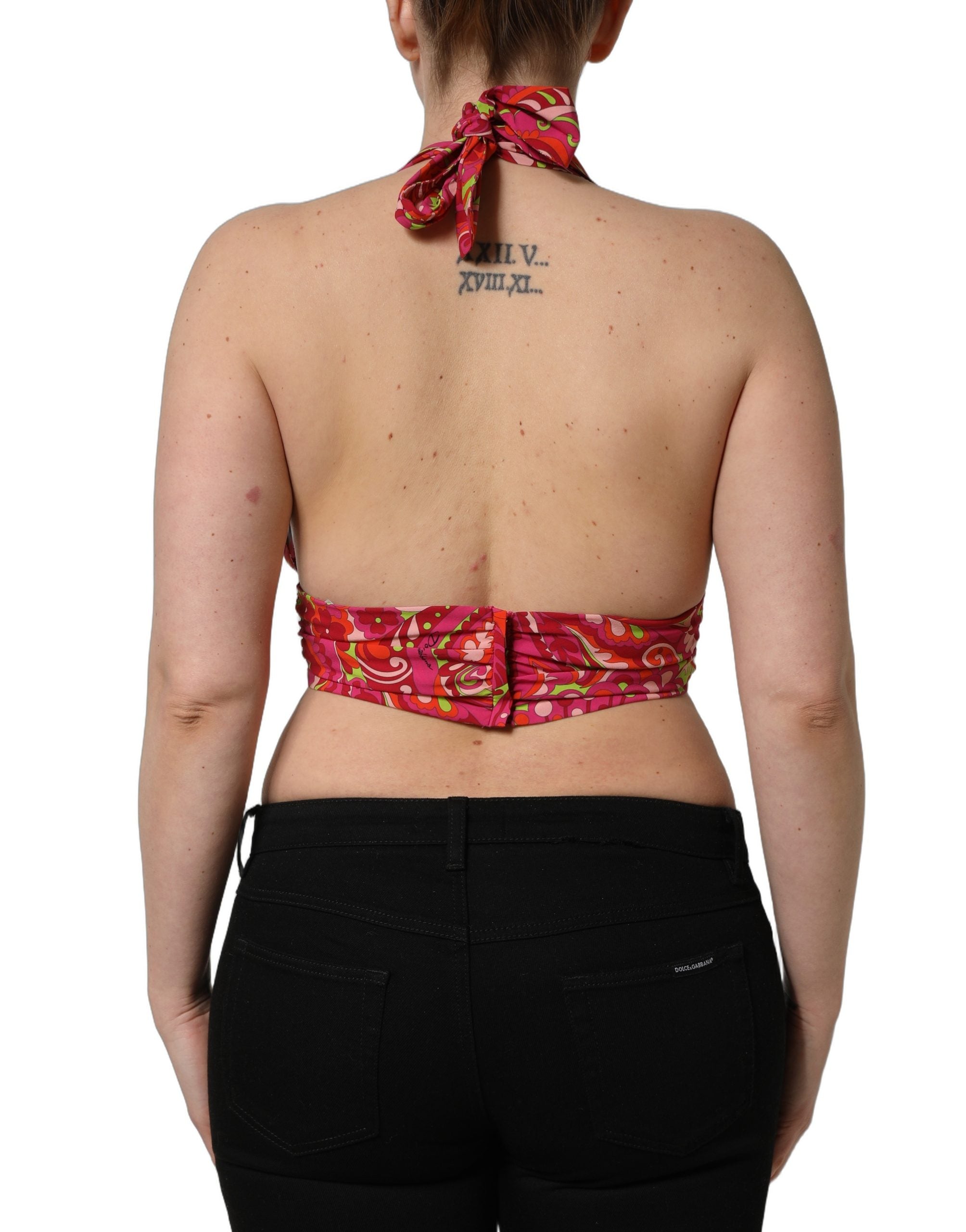 Dolce & Gabbana Red Paisley Silk Halter Neck Crop Tank Women's Top