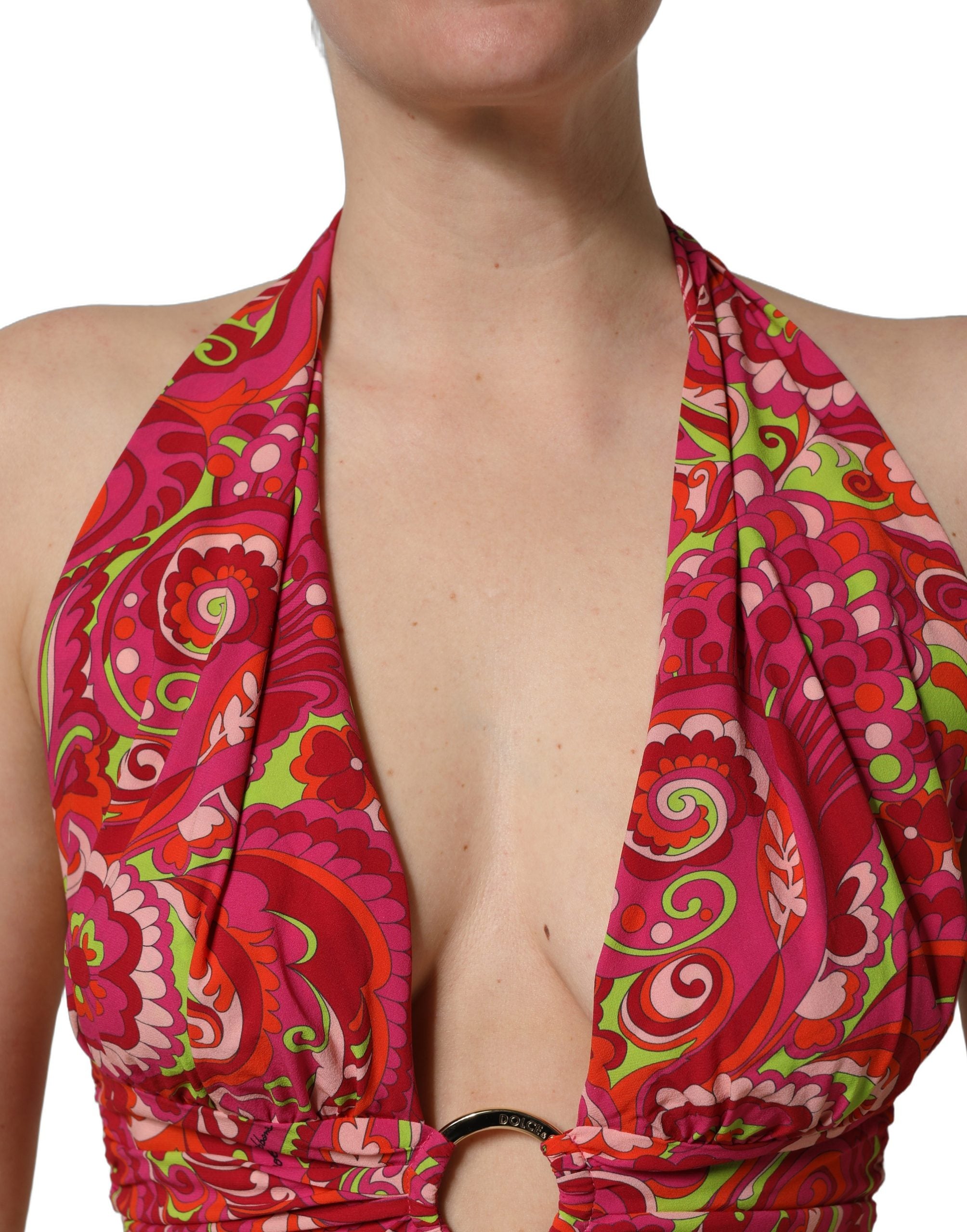 Dolce & Gabbana Red Paisley Silk Halter Neck Crop Tank Women's Top