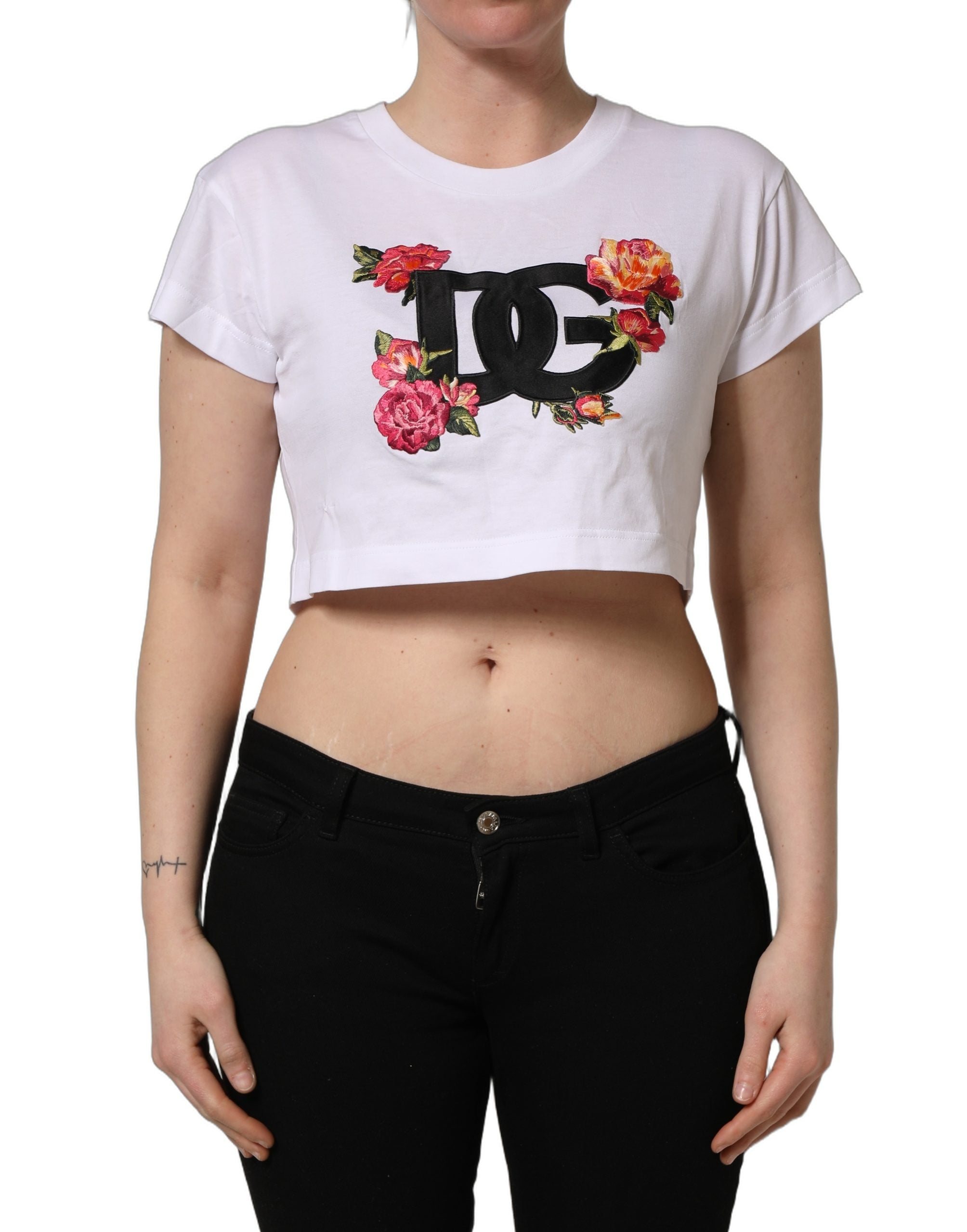 Dolce & Gabbana White DG Floral Cotton Jersey Crop Women's T-shirt (Pre-Owned)