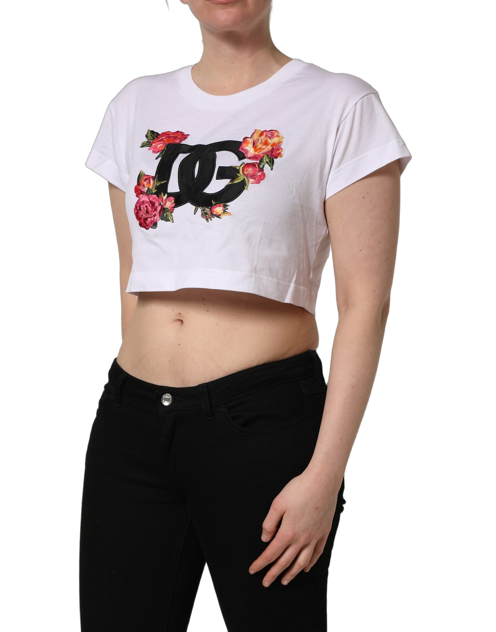 Dolce & Gabbana White DG Floral Cotton Jersey Crop Women's T-shirt (Pre-Owned)