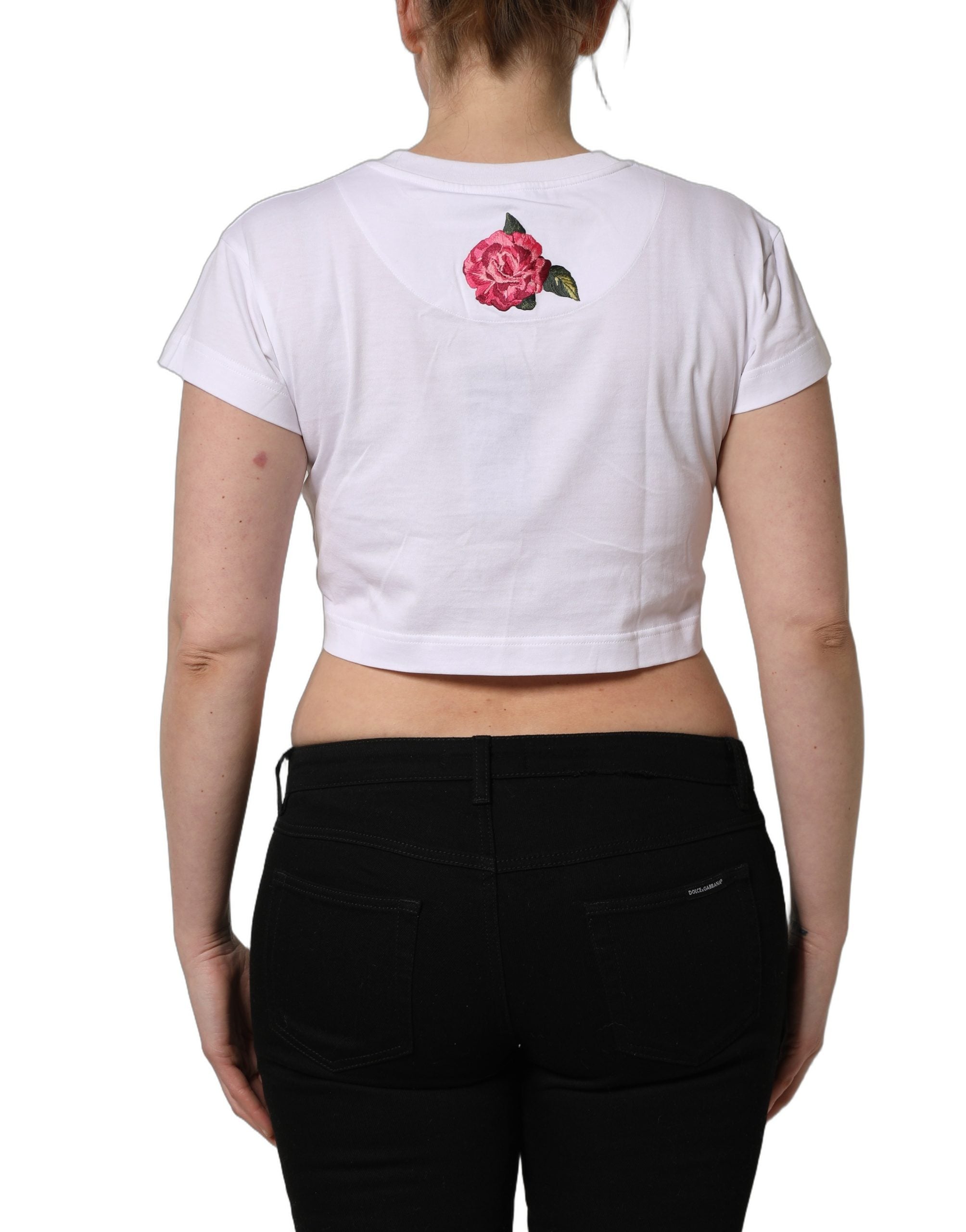Dolce & Gabbana White DG Floral Cotton Jersey Crop Women's T-shirt (Pre-Owned)