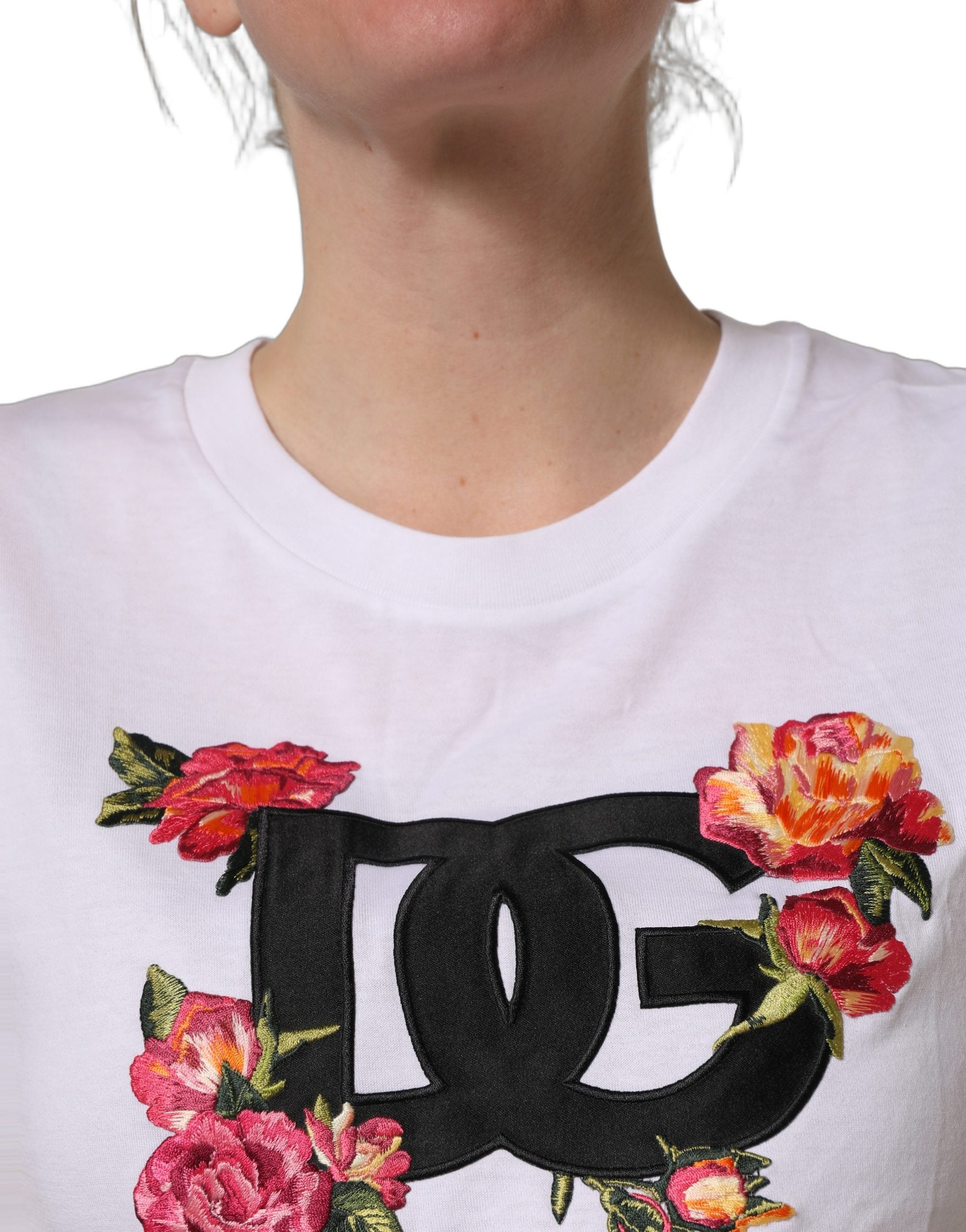 Dolce & Gabbana White DG Floral Cotton Jersey Crop Women's T-shirt (Pre-Owned)
