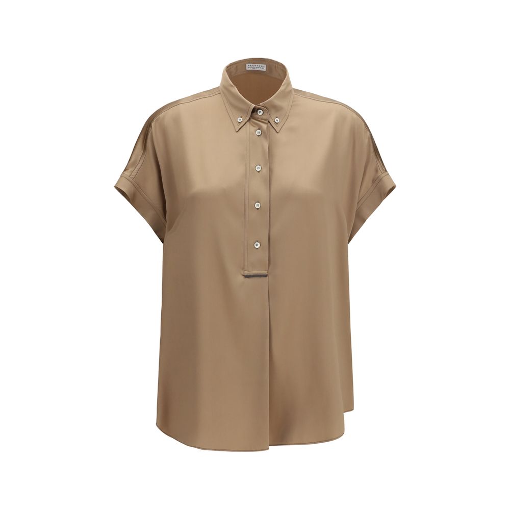 Brunello Cucinelli Beige Silk Shortsleeve Women's Shirt
