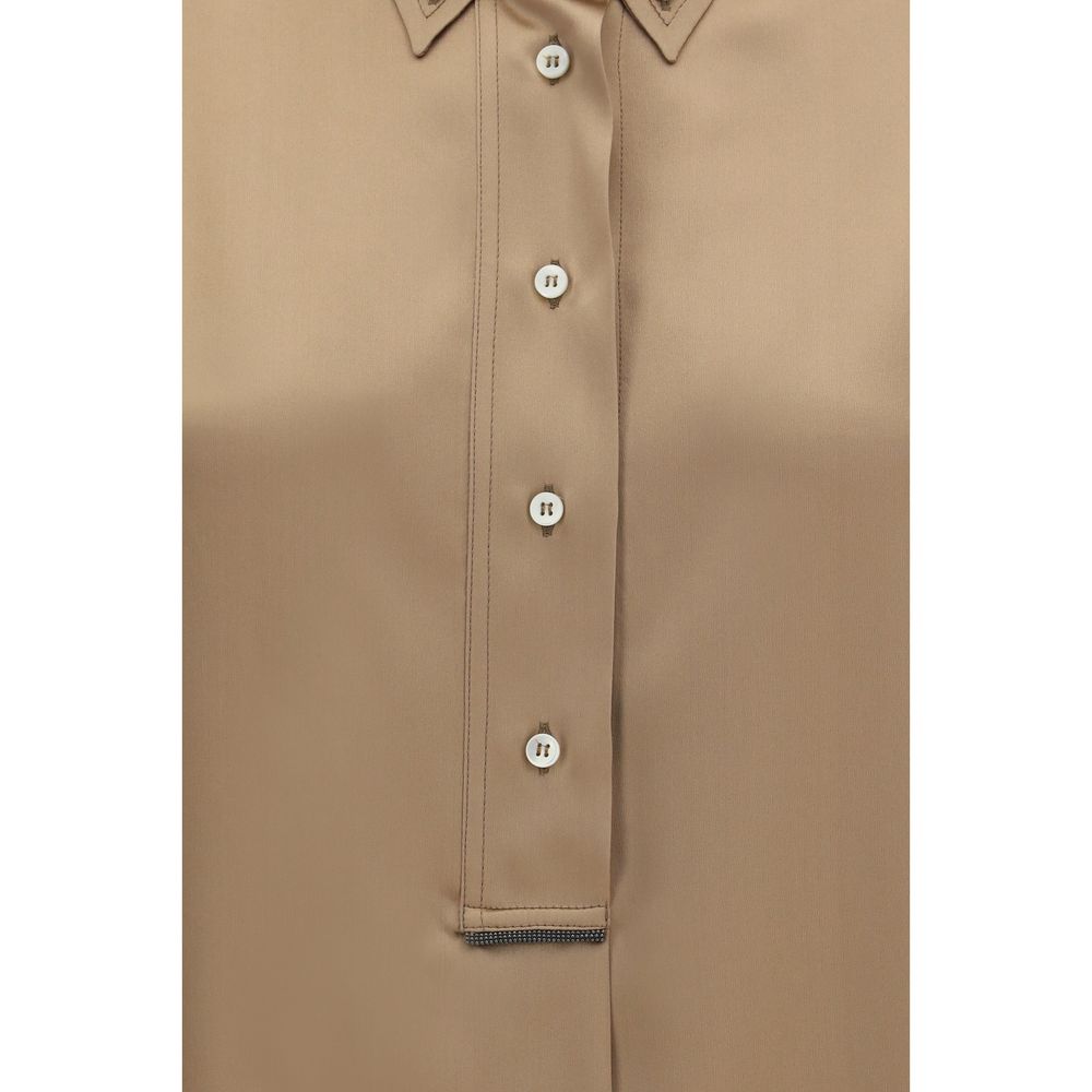 Brunello Cucinelli Beige Silk Shortsleeve Women's Shirt