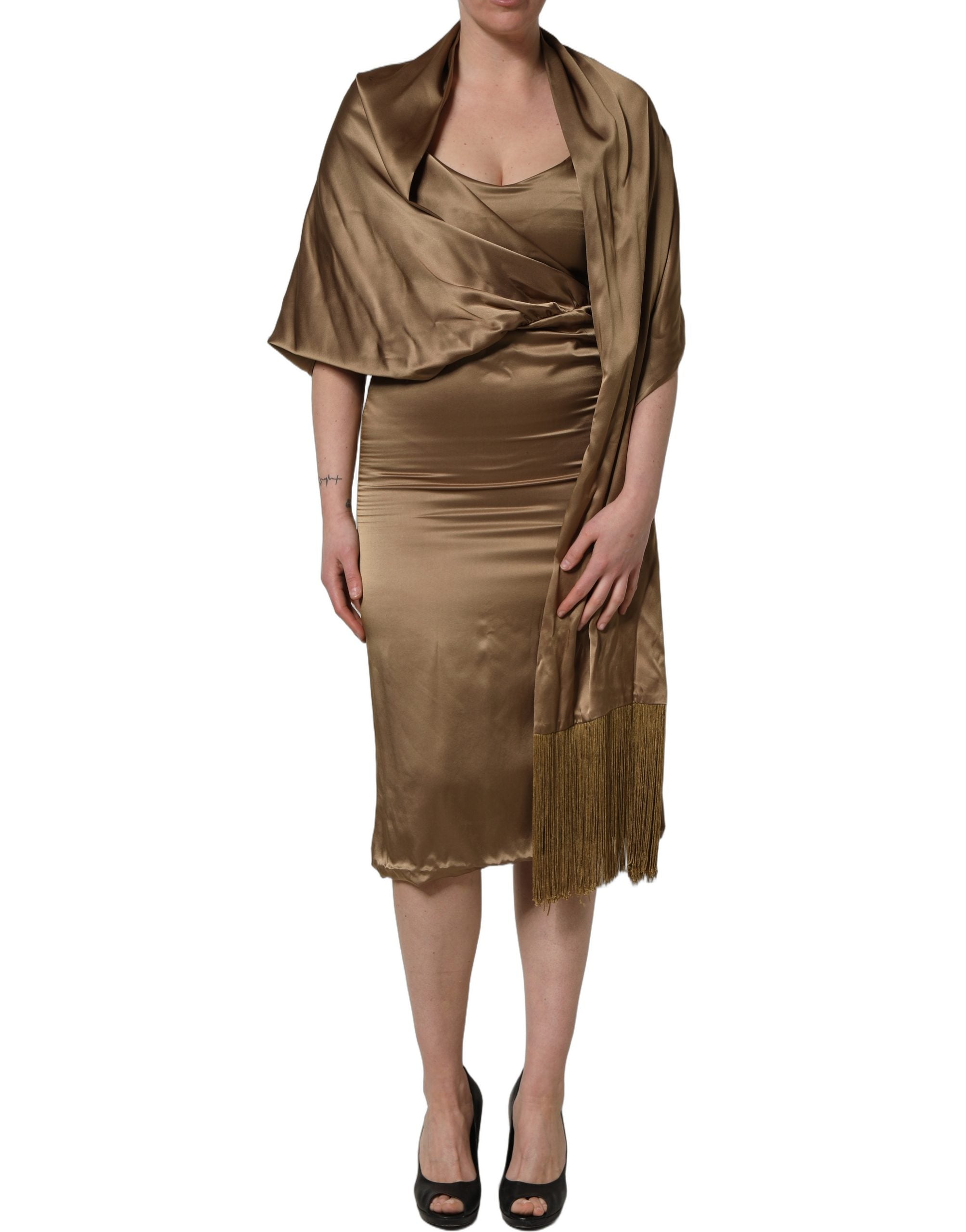 Dodo Bar Or Bronze Toned Satin Fringe Hemmed Shawl Midi Women's Dress (Pre-Owned)