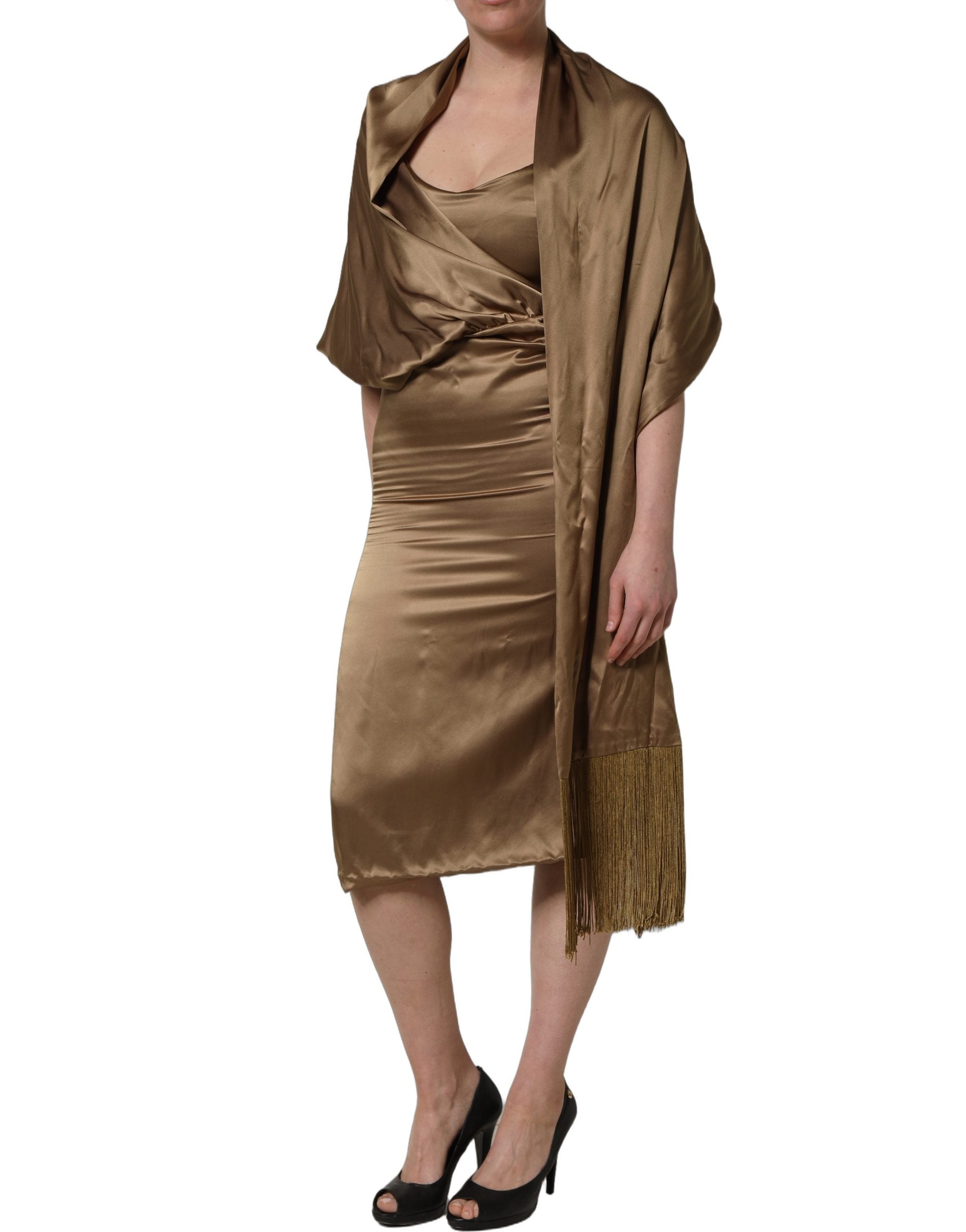 Dodo Bar Or Bronze Toned Satin Fringe Hemmed Shawl Midi Women's Dress (Pre-Owned)