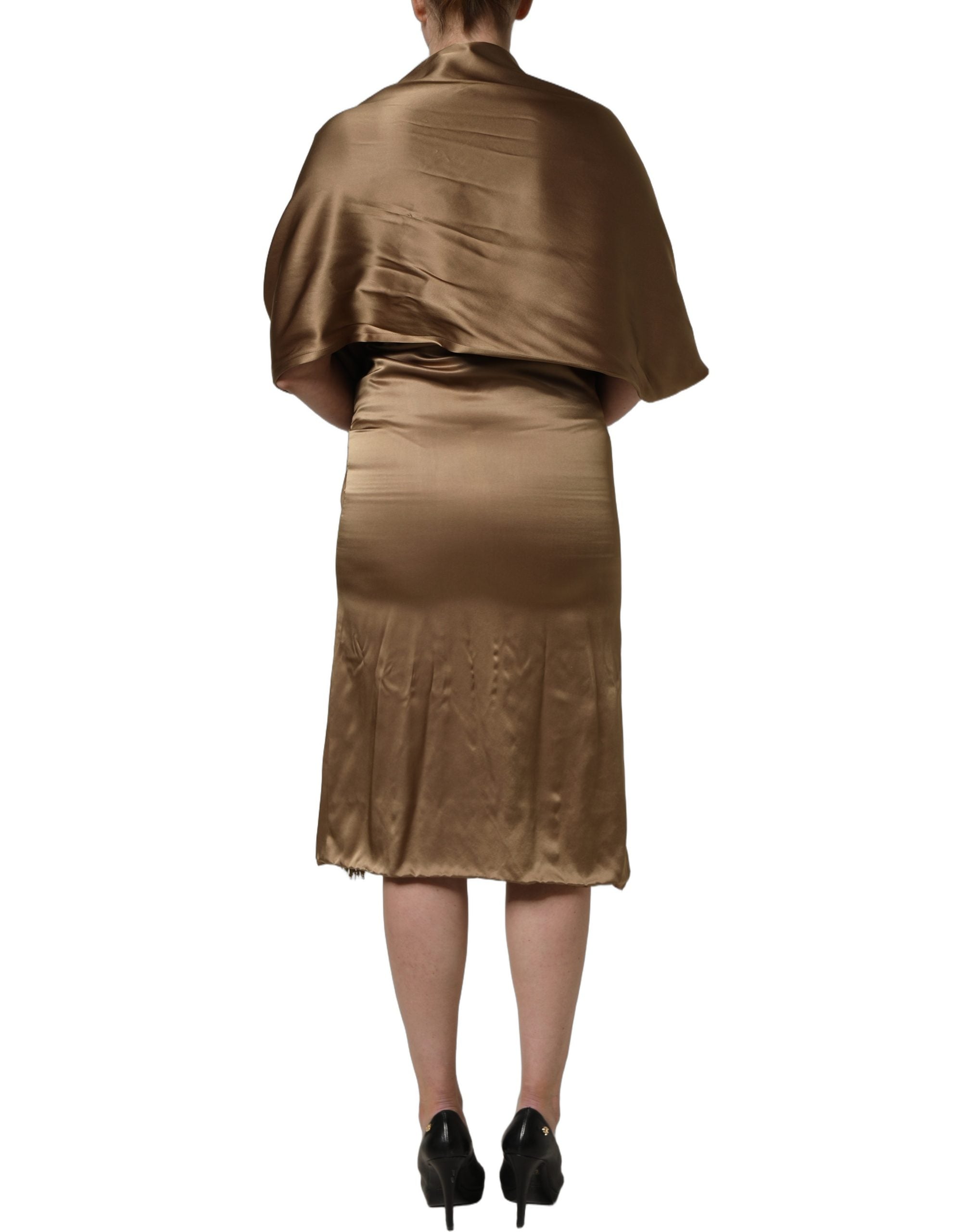 Dodo Bar Or Bronze Toned Satin Fringe Hemmed Shawl Midi Women's Dress (Pre-Owned)
