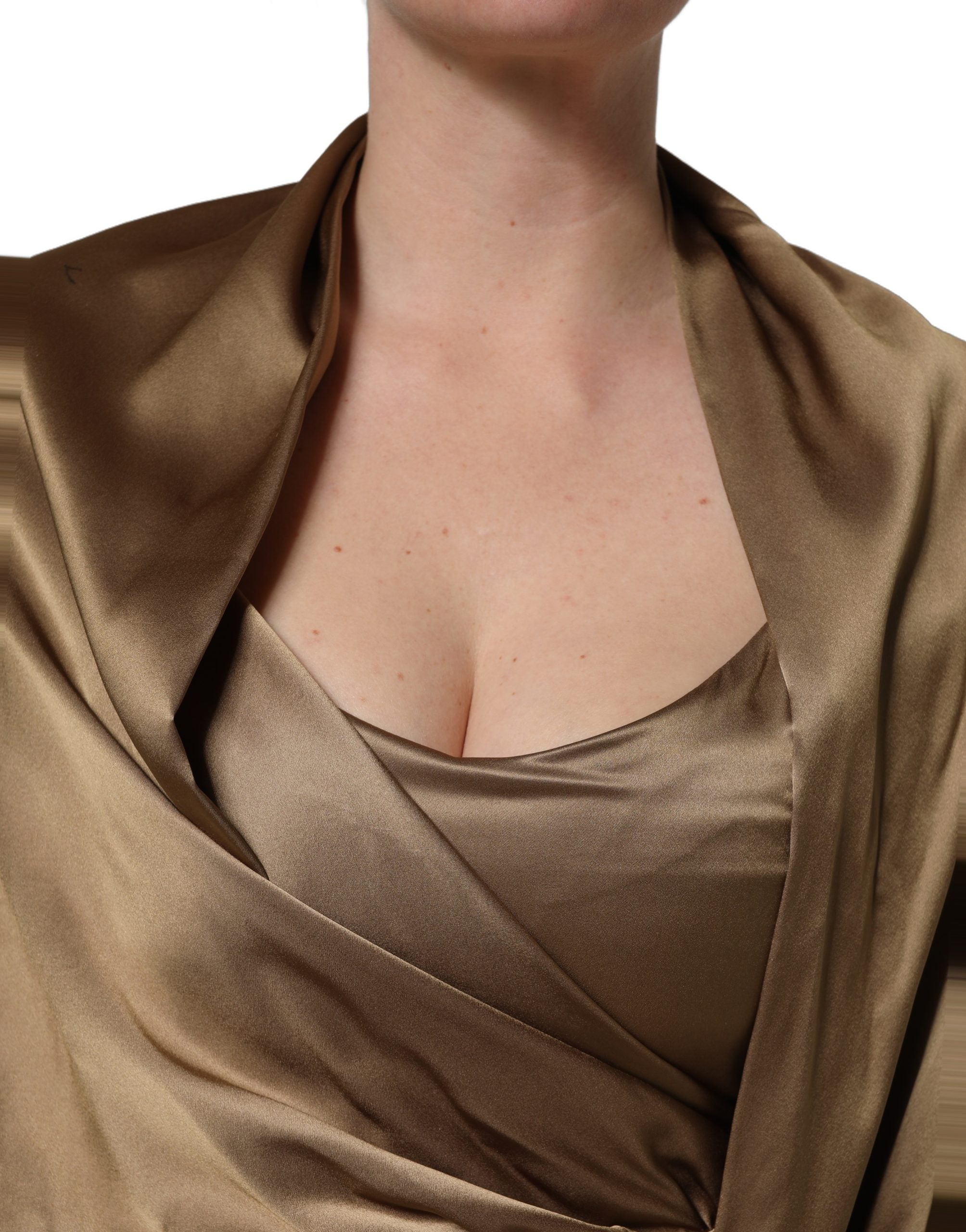 Dodo Bar Or Bronze Toned Satin Fringe Hemmed Shawl Midi Women's Dress (Pre-Owned)