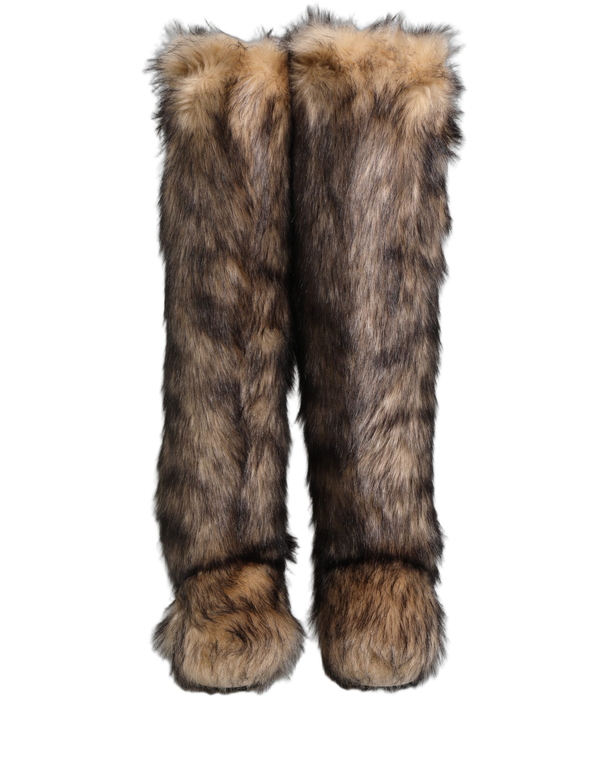 Dolce & Gabbana Brown Faux Skim Ski Fur Knee High Boots Men's Shoes