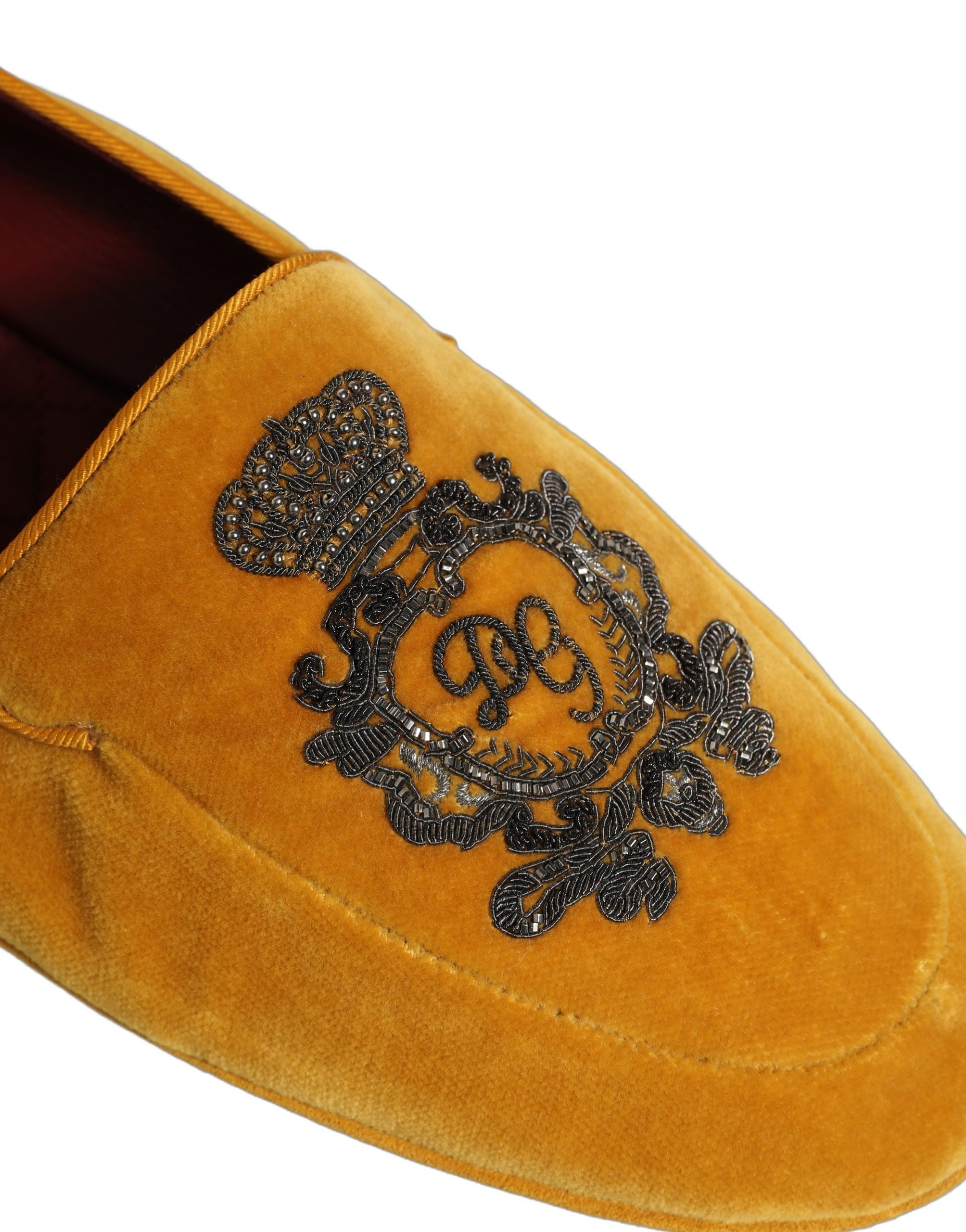 Dolce & Gabbana Yellow Velvet Crown Embroidery Loafers Men's Shoes