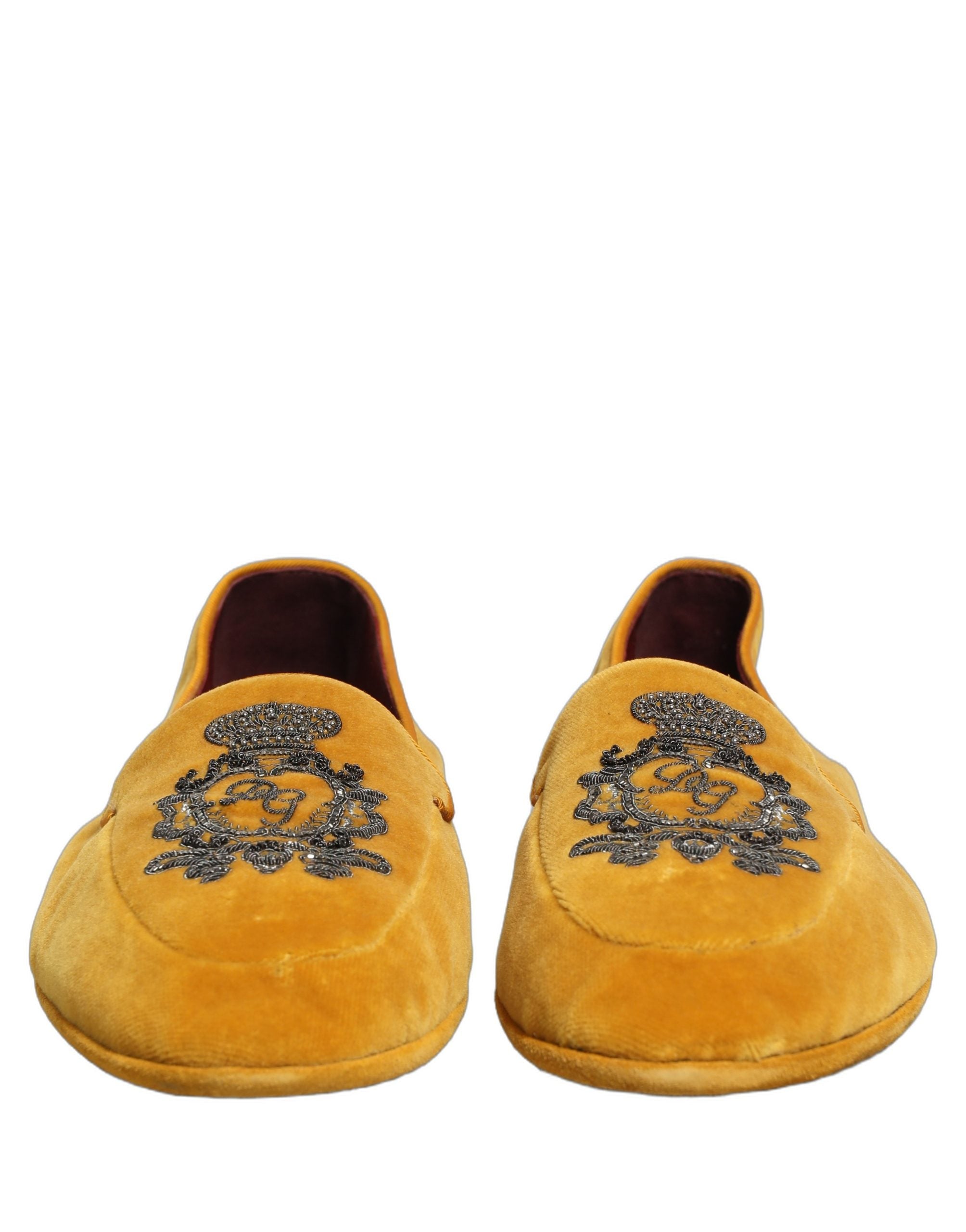 Dolce & Gabbana Yellow Velvet Crown Embroidery Loafers Men's Shoes