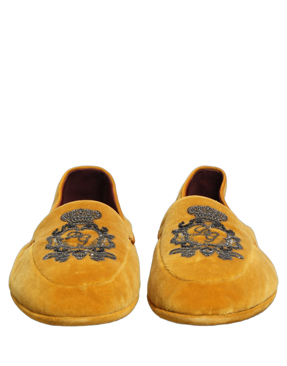 Dolce & Gabbana Yellow Velvet Crown Embroidery Loafers Men's Shoes