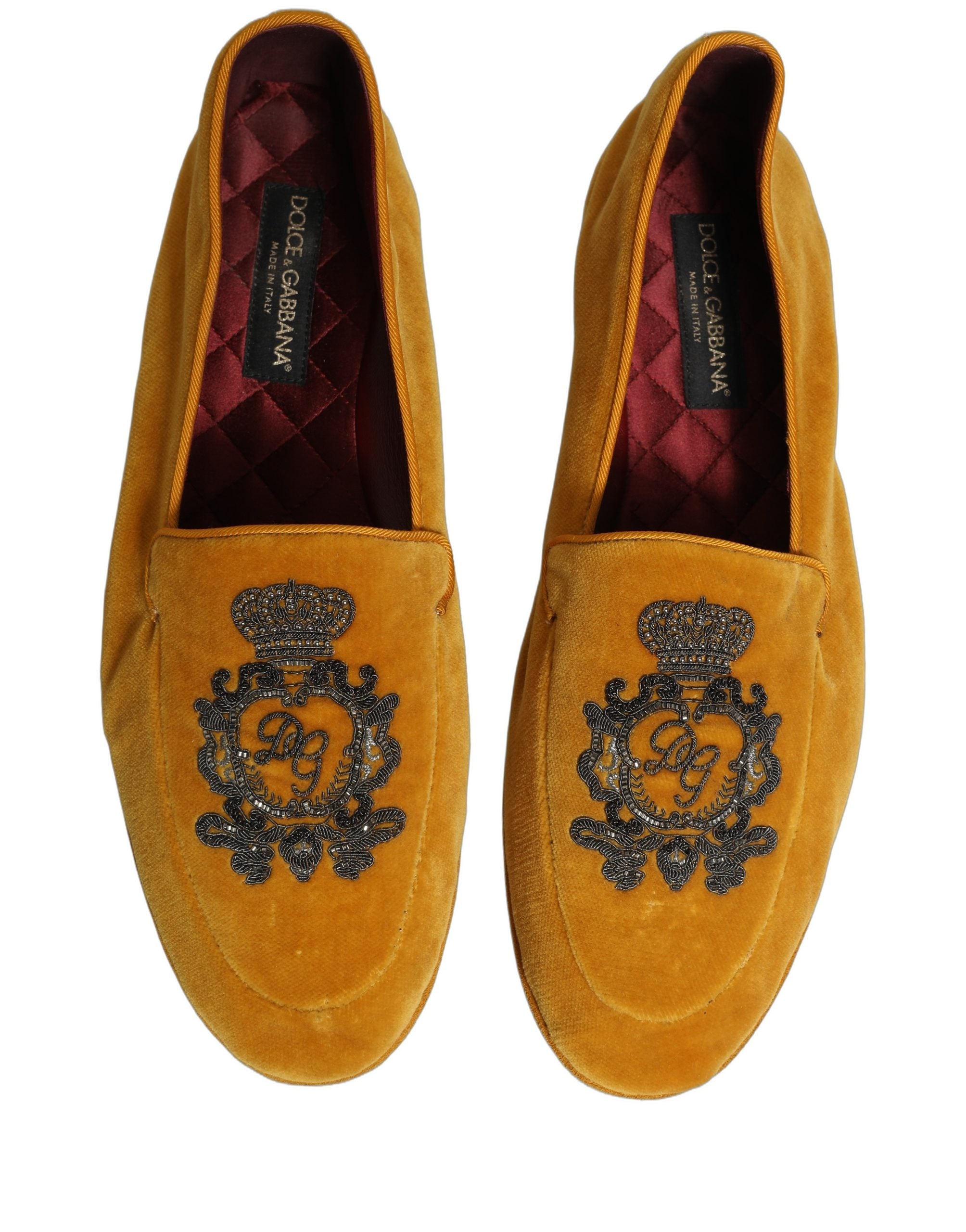 Dolce & Gabbana Yellow Velvet Crown Embroidery Loafers Men's Shoes