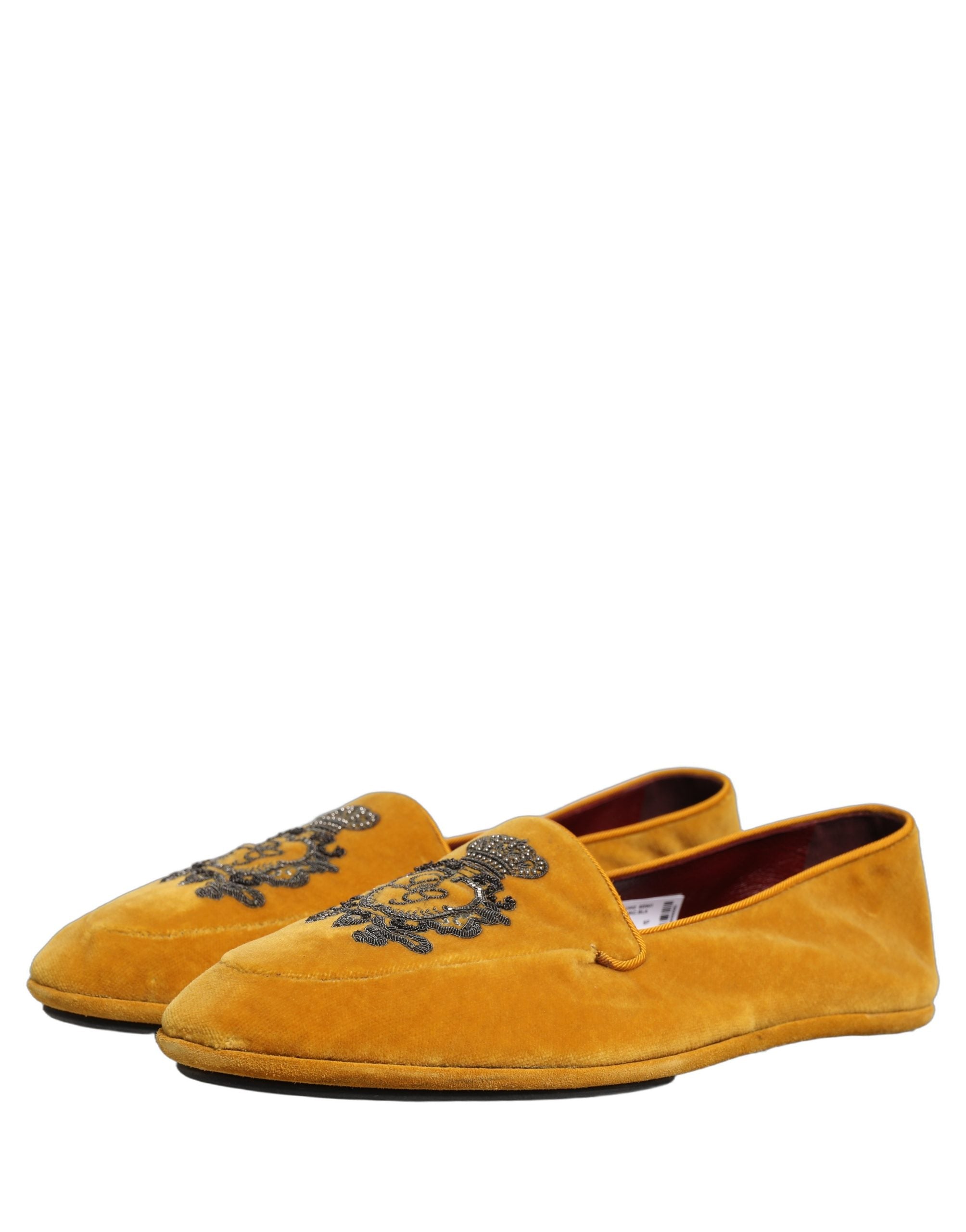 Dolce & Gabbana Yellow Velvet Crown Embroidery Loafers Men's Shoes