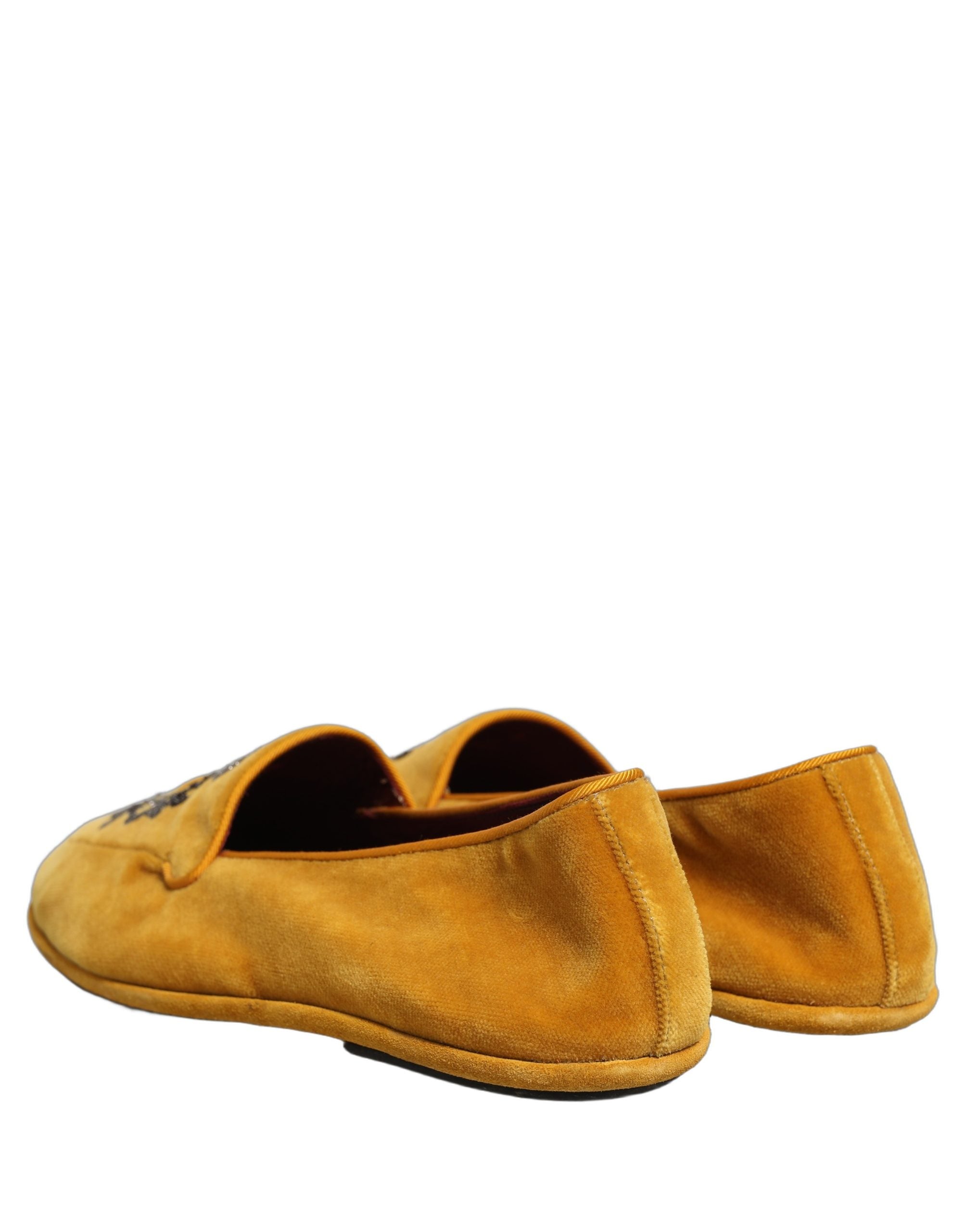 Dolce & Gabbana Yellow Velvet Crown Embroidery Loafers Men's Shoes