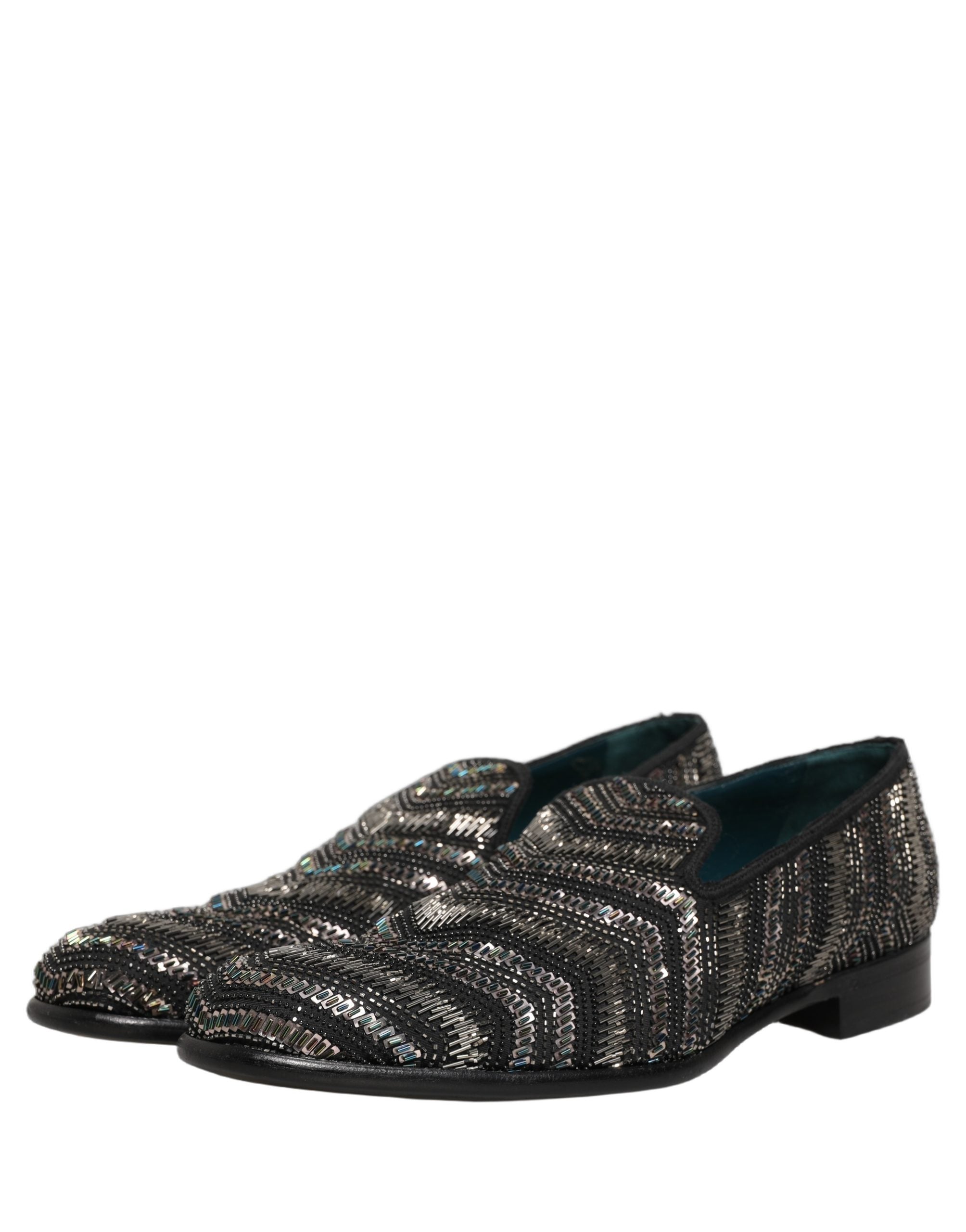 Dolce & Gabbana Black Silver Embellished Slip On Loafers Men's Shoes