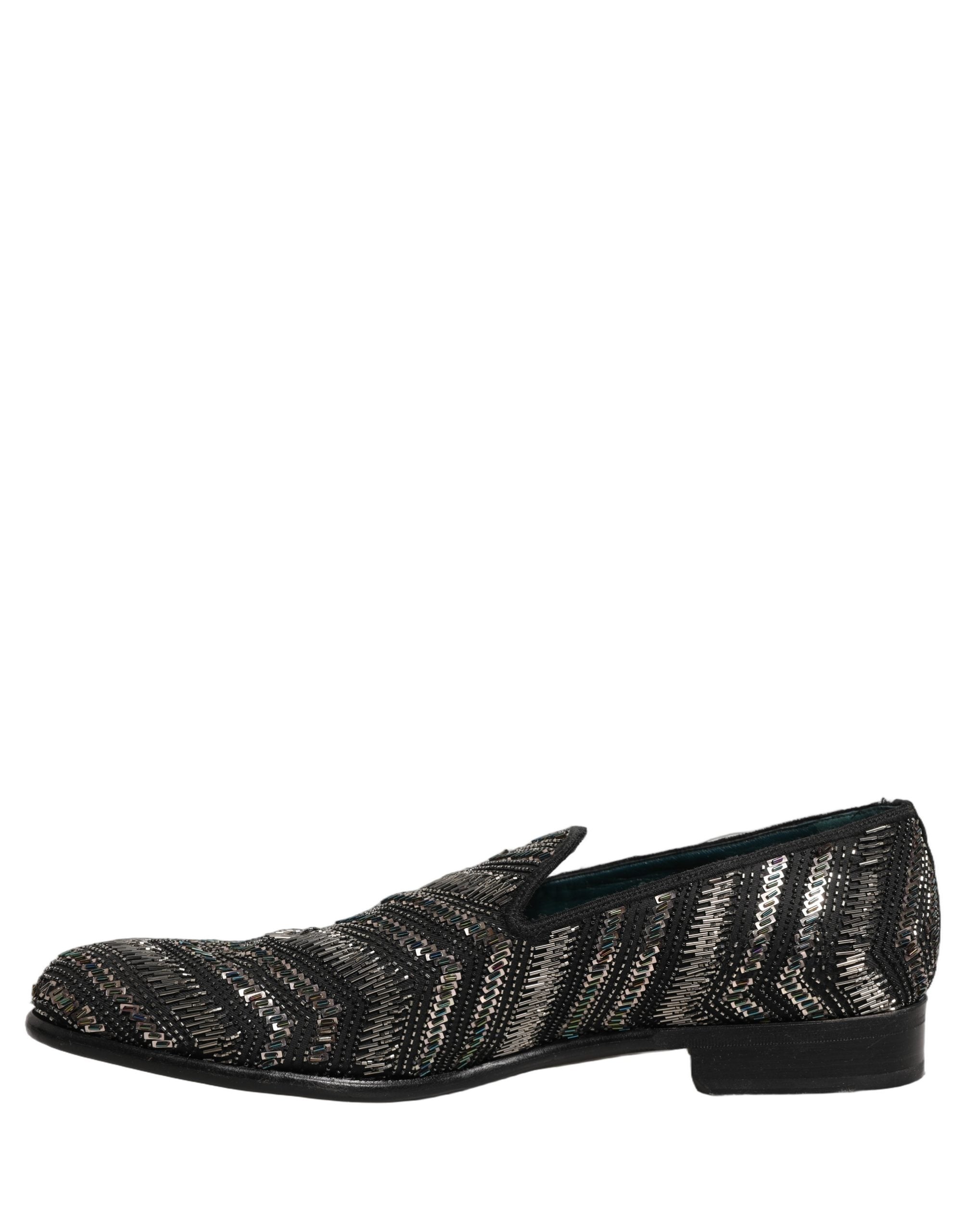 Dolce & Gabbana Black Silver Embellished Slip On Loafers Men's Shoes