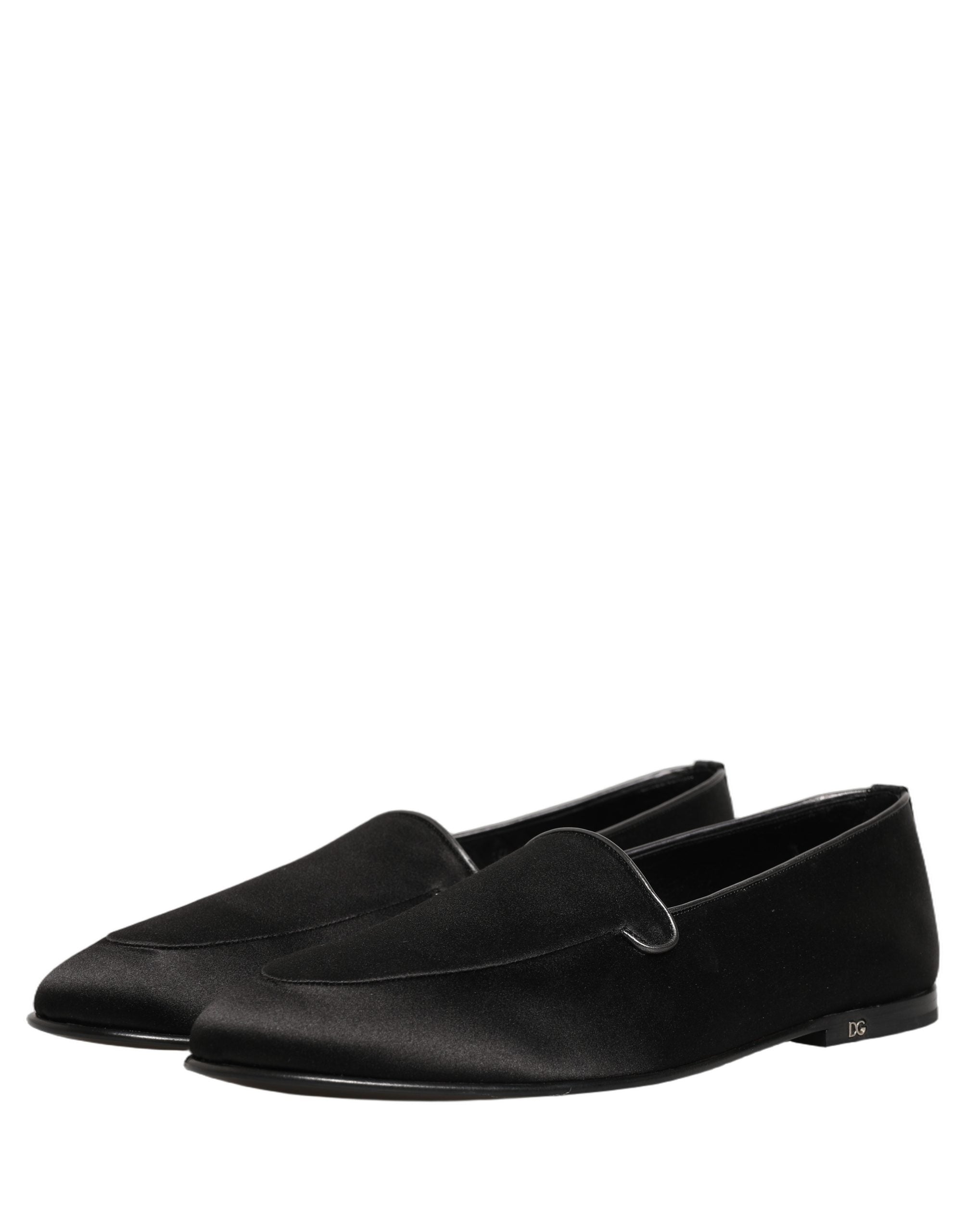 Dolce & Gabbana Black Satin Logo Slip On Flats Loafers Men's Shoes