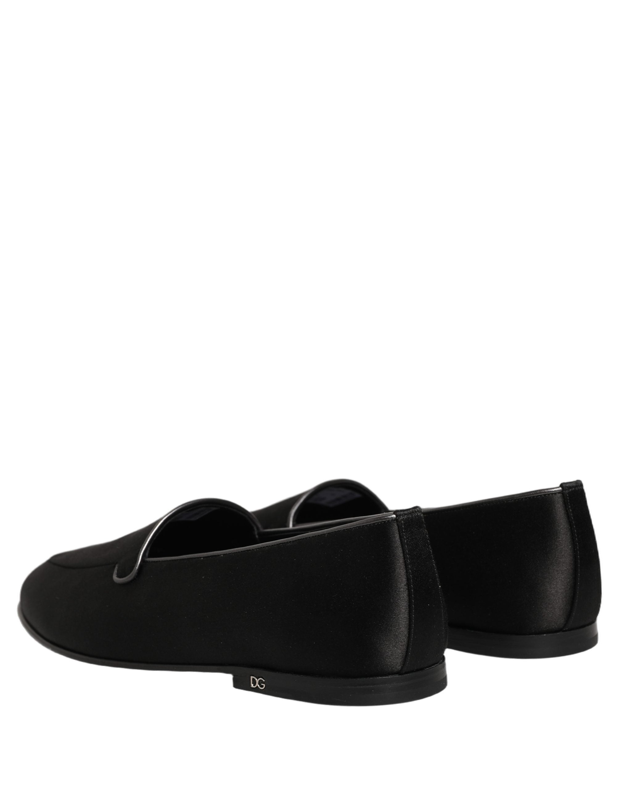 Dolce & Gabbana Black Satin Logo Slip On Flats Loafers Men's Shoes
