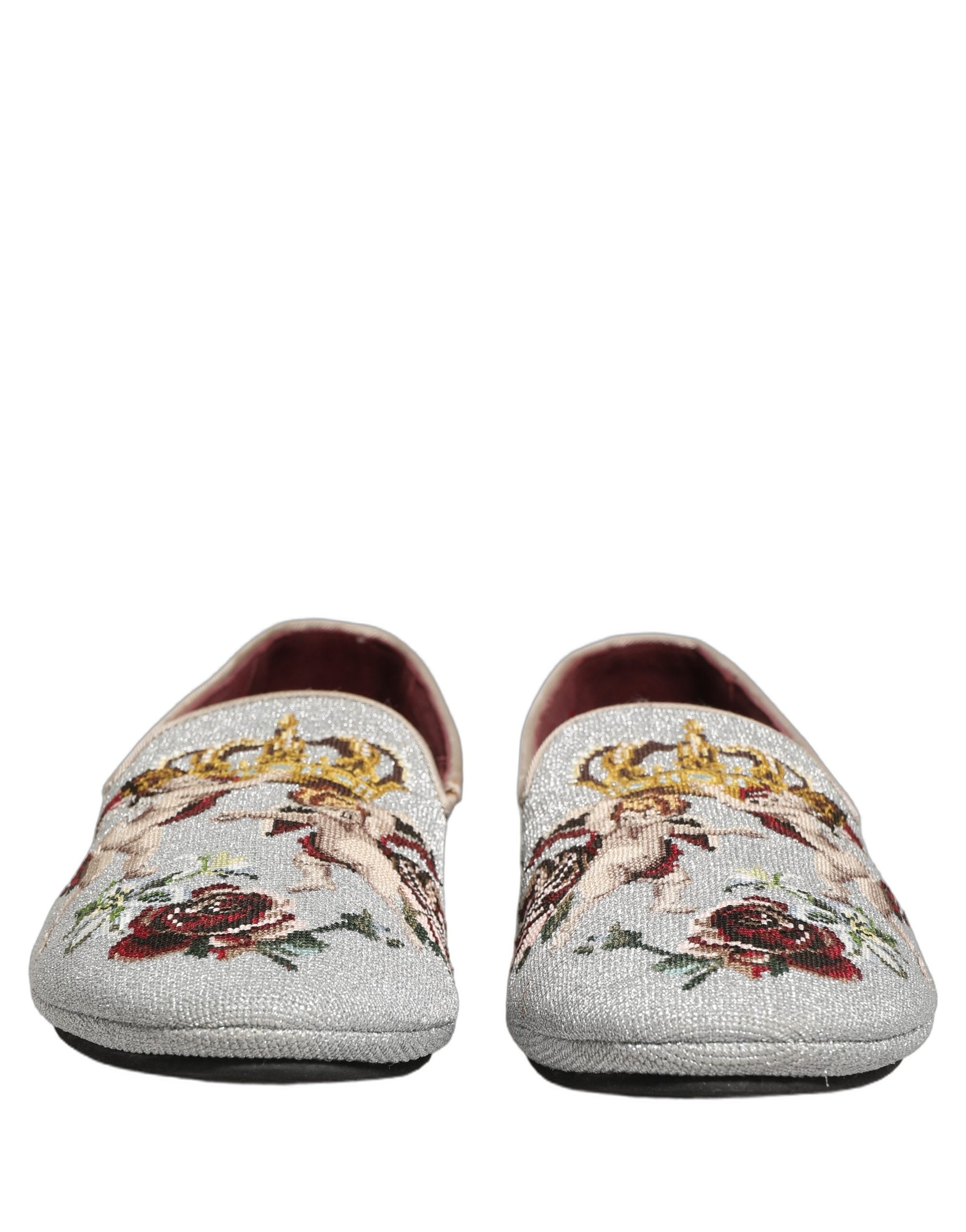 Dolce & Gabbana Gray Crown Rose Angel Embroidery Loafer Men's Shoes