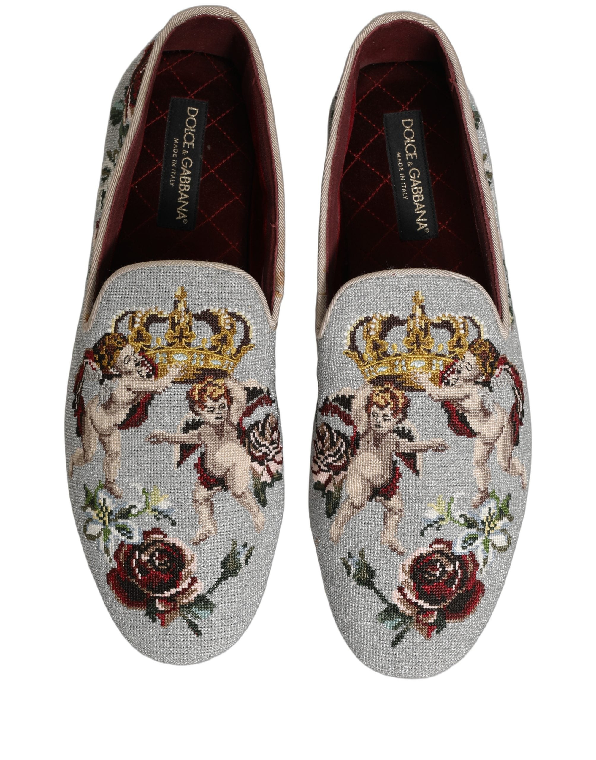 Dolce & Gabbana Gray Crown Rose Angel Embroidery Loafer Men's Shoes