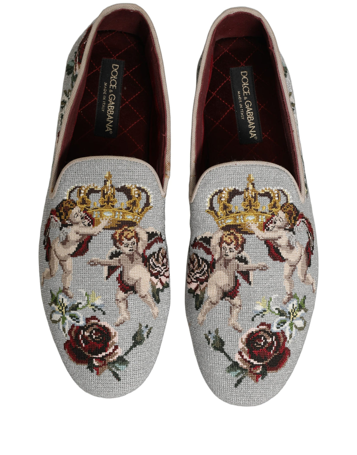 Dolce & Gabbana Gray Crown Rose Angel Embroidery Loafer Men's Shoes