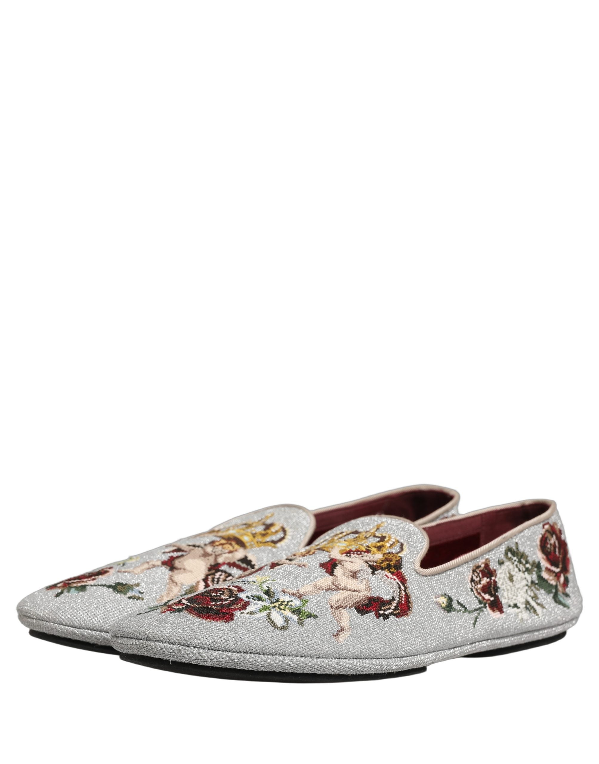Dolce & Gabbana Gray Crown Rose Angel Embroidery Loafer Men's Shoes