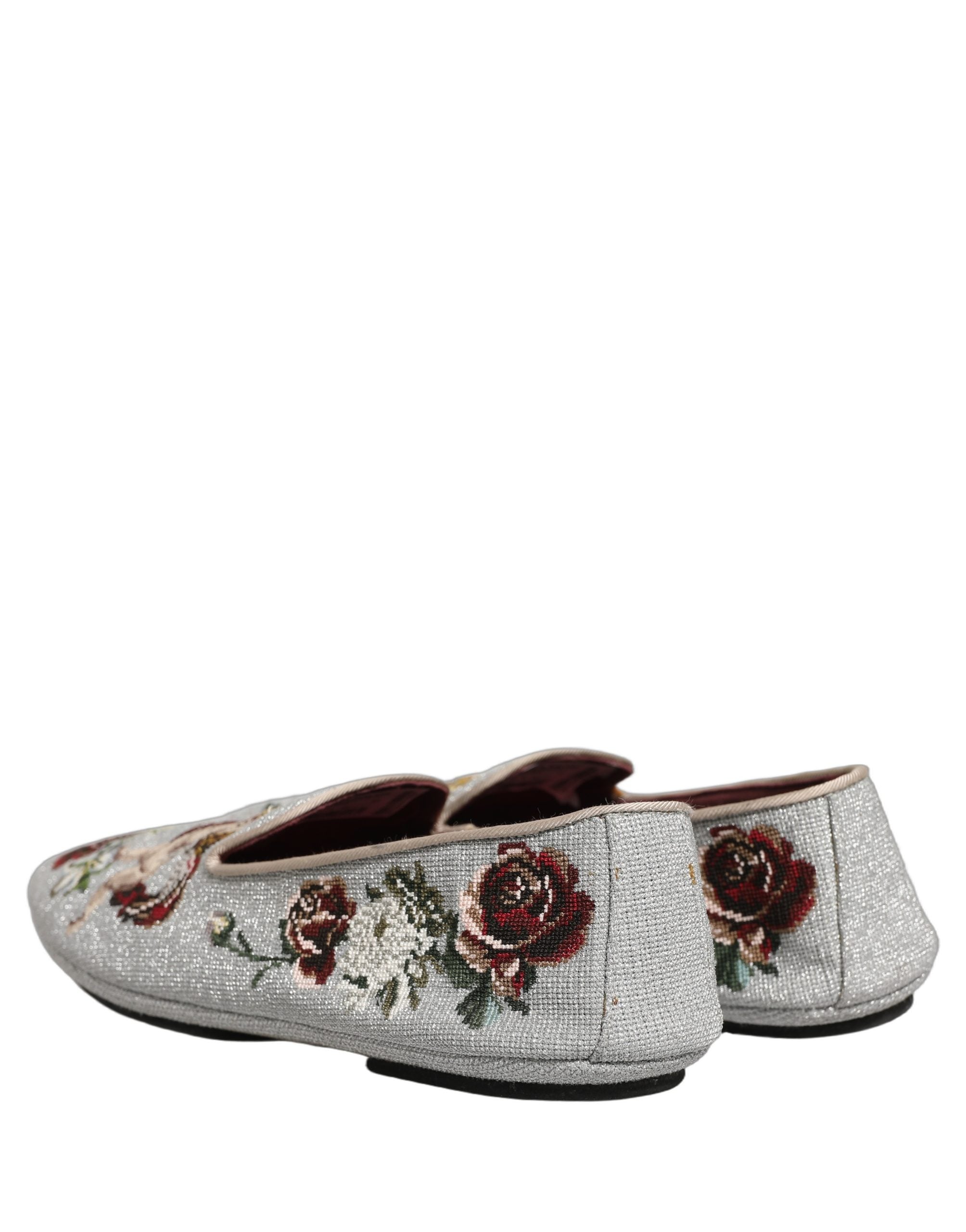 Dolce & Gabbana Gray Crown Rose Angel Embroidery Loafer Men's Shoes