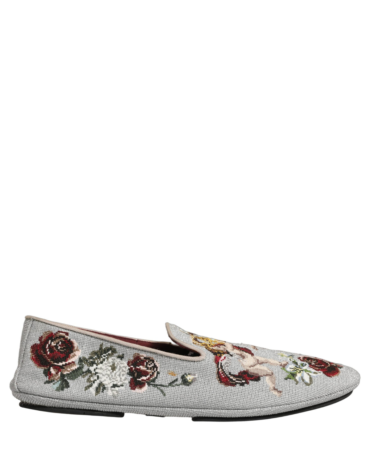 Dolce & Gabbana Gray Crown Rose Angel Embroidery Loafer Men's Shoes