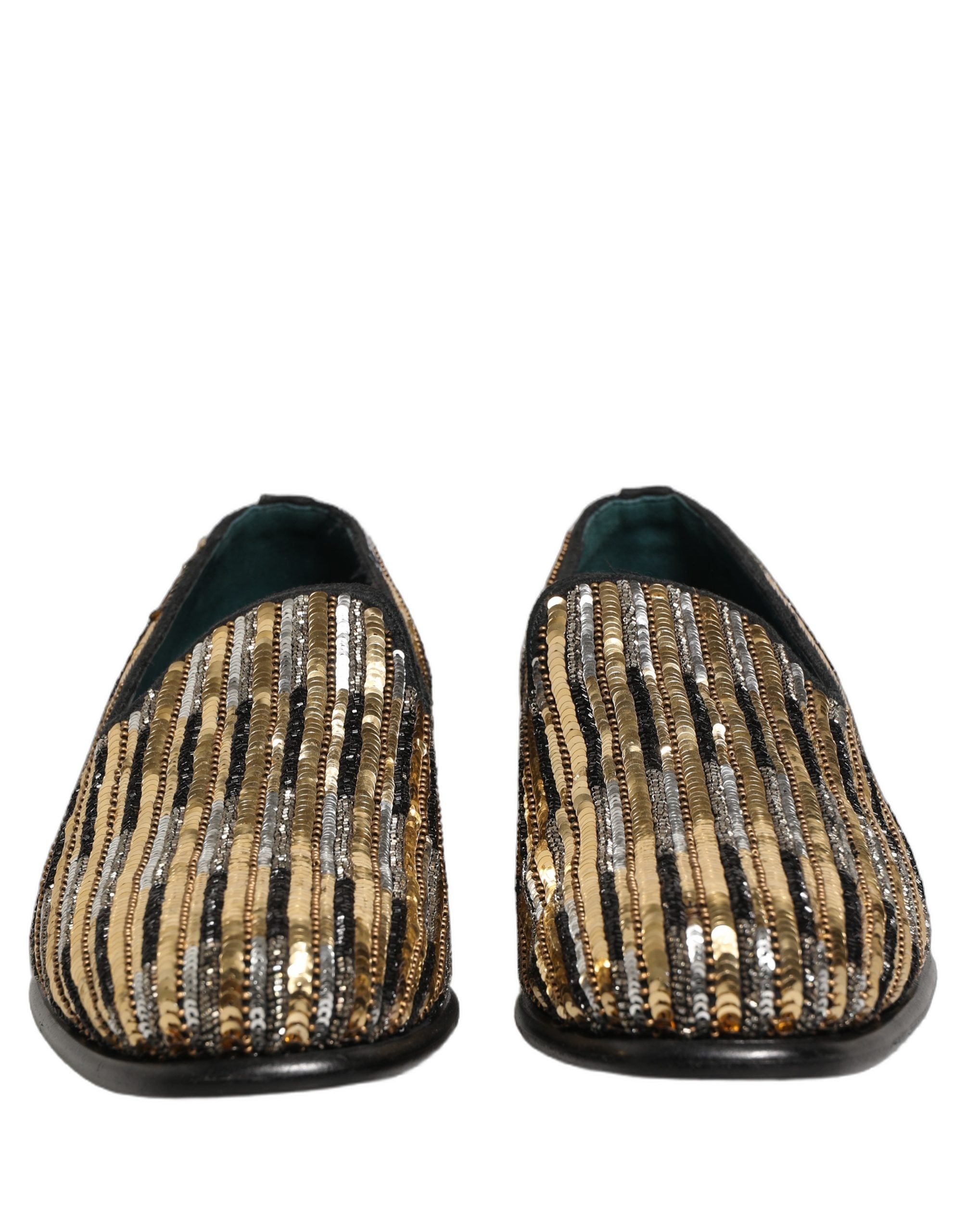Dolce & Gabbana Gold Striped Sequin Embellished Loafer Men's Shoes